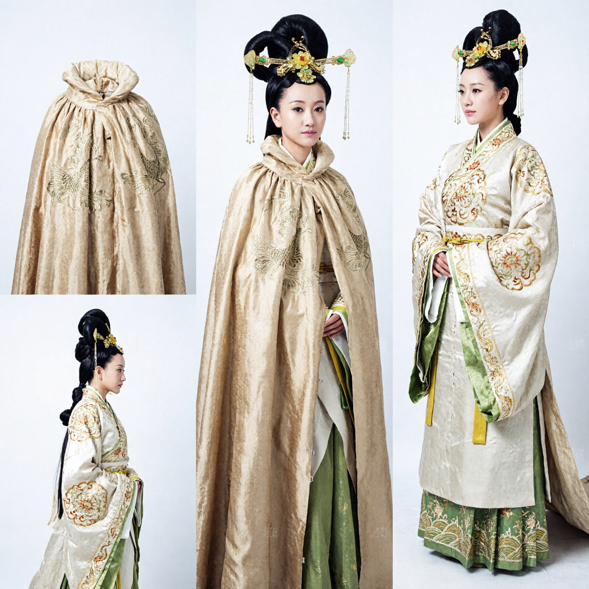 Frauen Traditionelles chinesisches Hanfu Goldbestickter Umhang mit Pelzkragen Antikes historisches Drama-Kostüm - Asian Costume