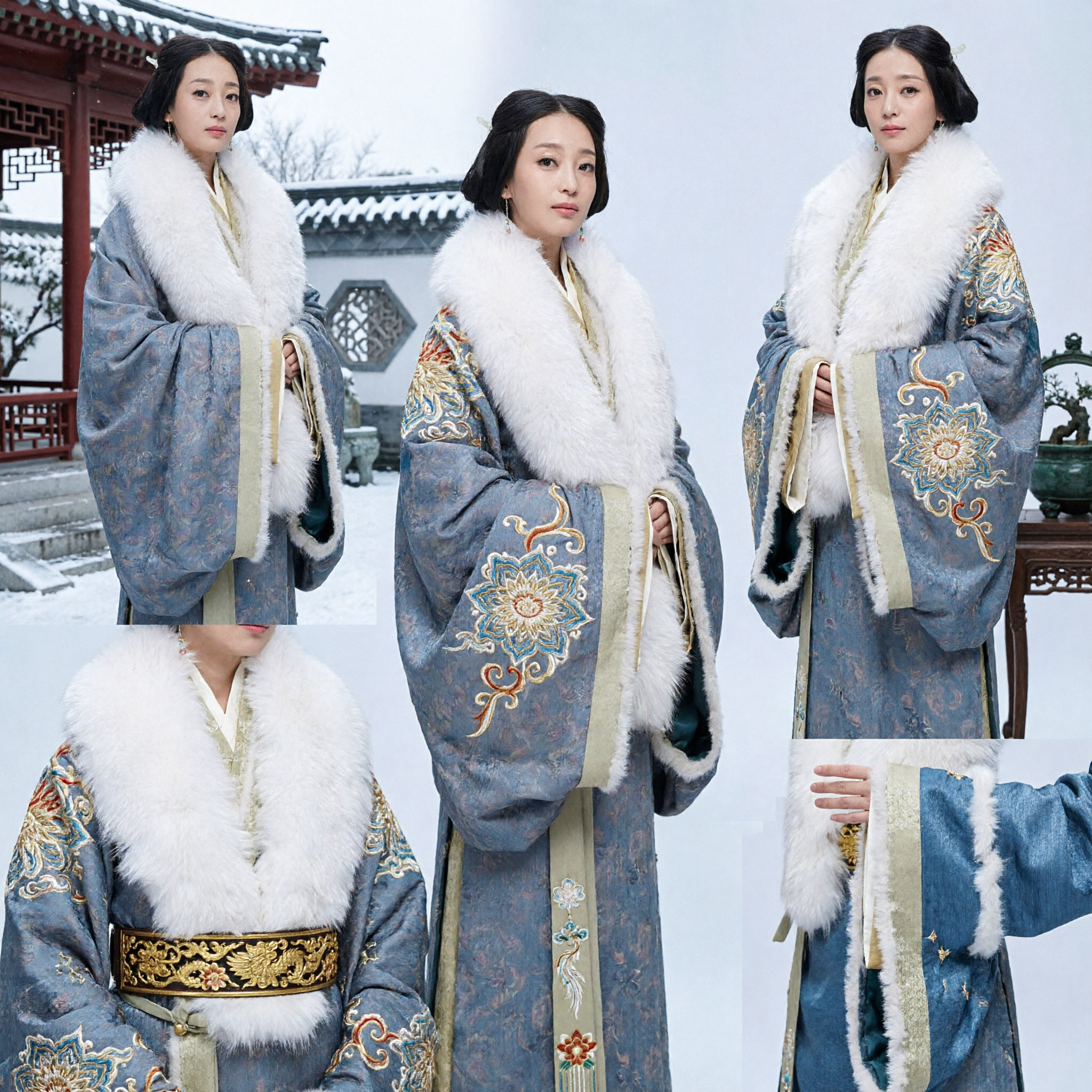 Costume d'hiver Hanfu chinois ancien, robe en brocart bleu avec col en fourrure blanche, tenue de noblesse de la dynastie Han pour femmes - Asian Costume