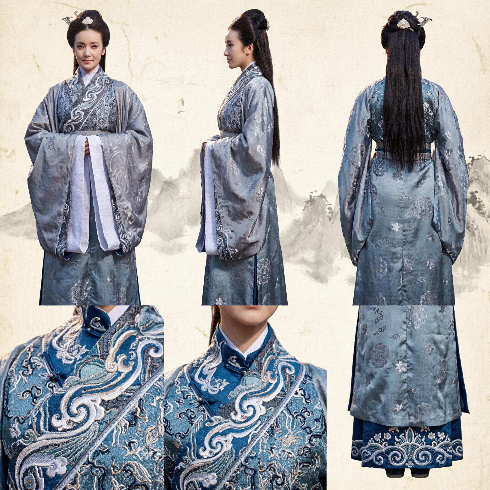 Hanfu cinese antico elegante grigio argento, veste tradizionale ricamata per donne cosplay e spettacoli - Asian Costume