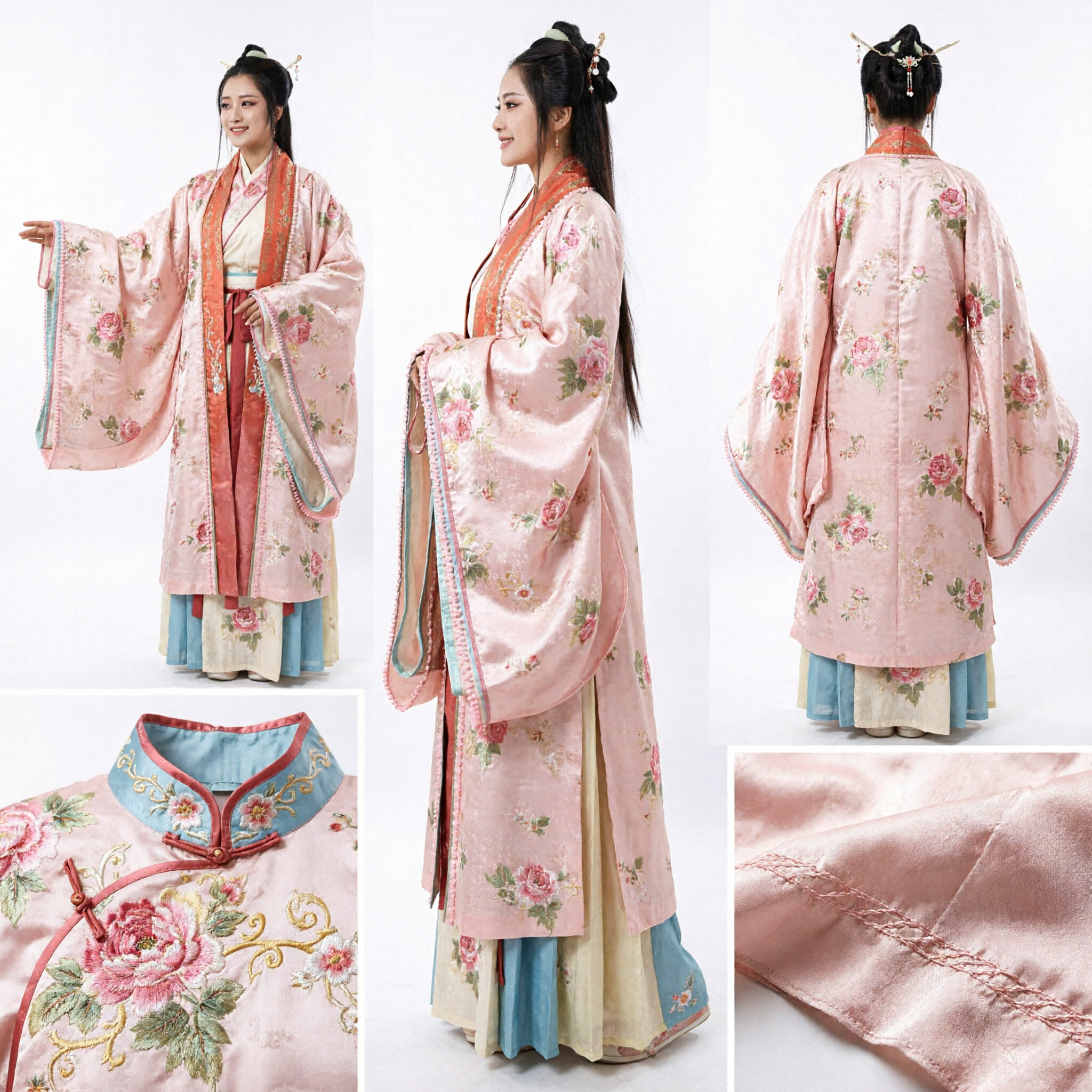 Elegant Pink Floral Hanfu Traditional Chinese Ancient Costume Wide Sleeve Robe for Women Historical Cosplay - Asian Costume