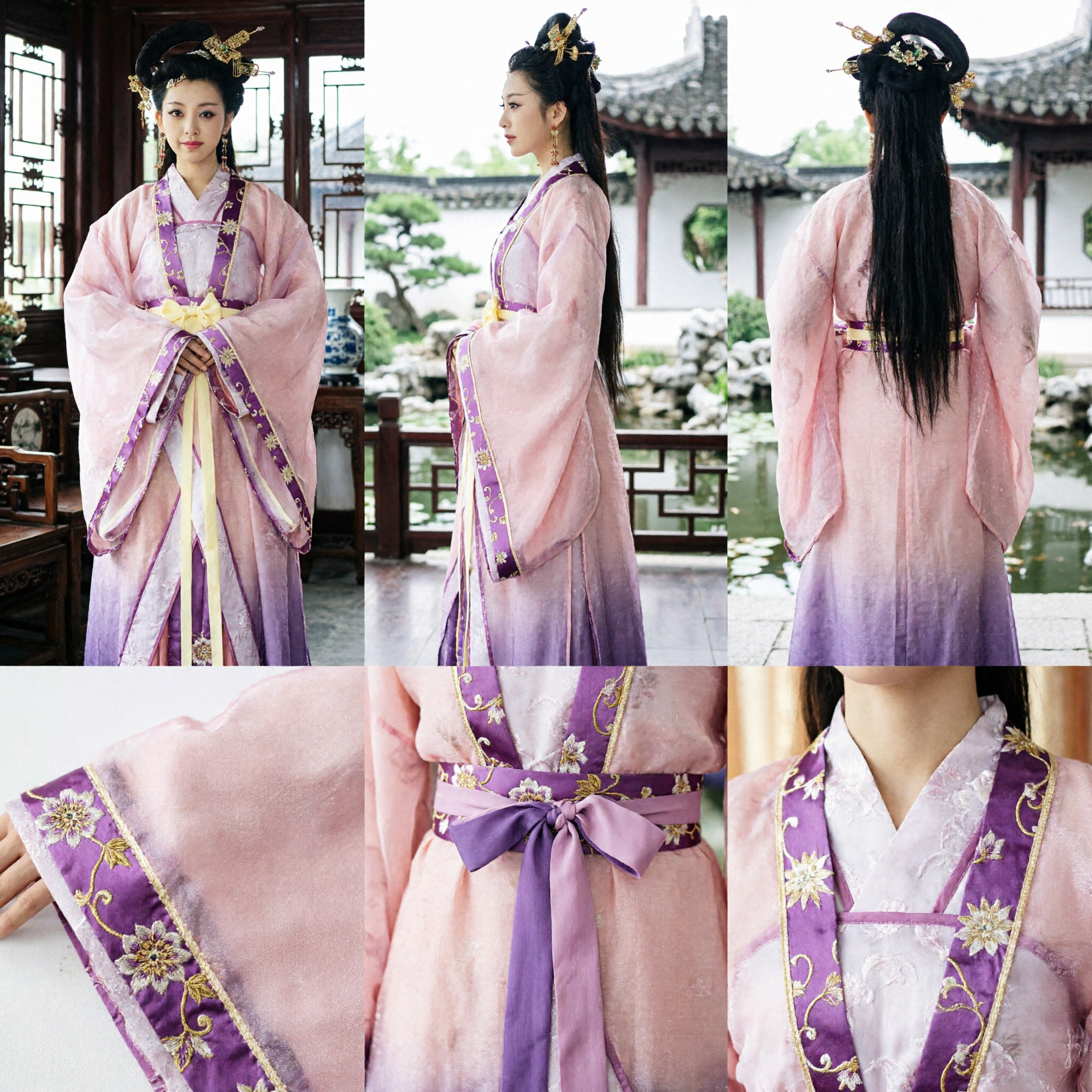 Costume Hanfu Traditionnel Chinois - Robe Ancienne de Dame du Palais Rose et Violette avec Accessoires Capillaires pour Femmes - Asian Costume