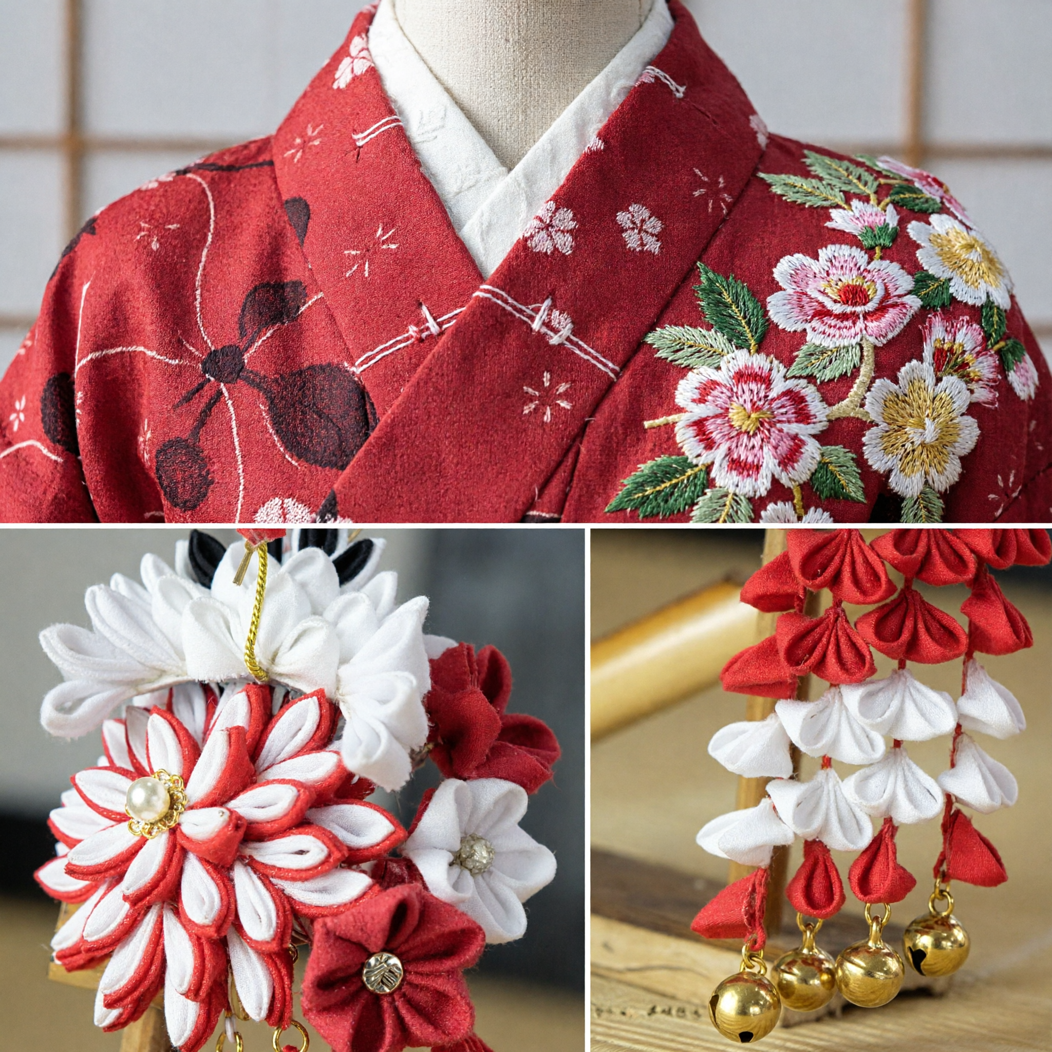 Traditional Chinese Red and White Fabric Flower Hairpin with Gold Bells Tassel Hanfu Hair Accessory for Wedding - Asian Costume