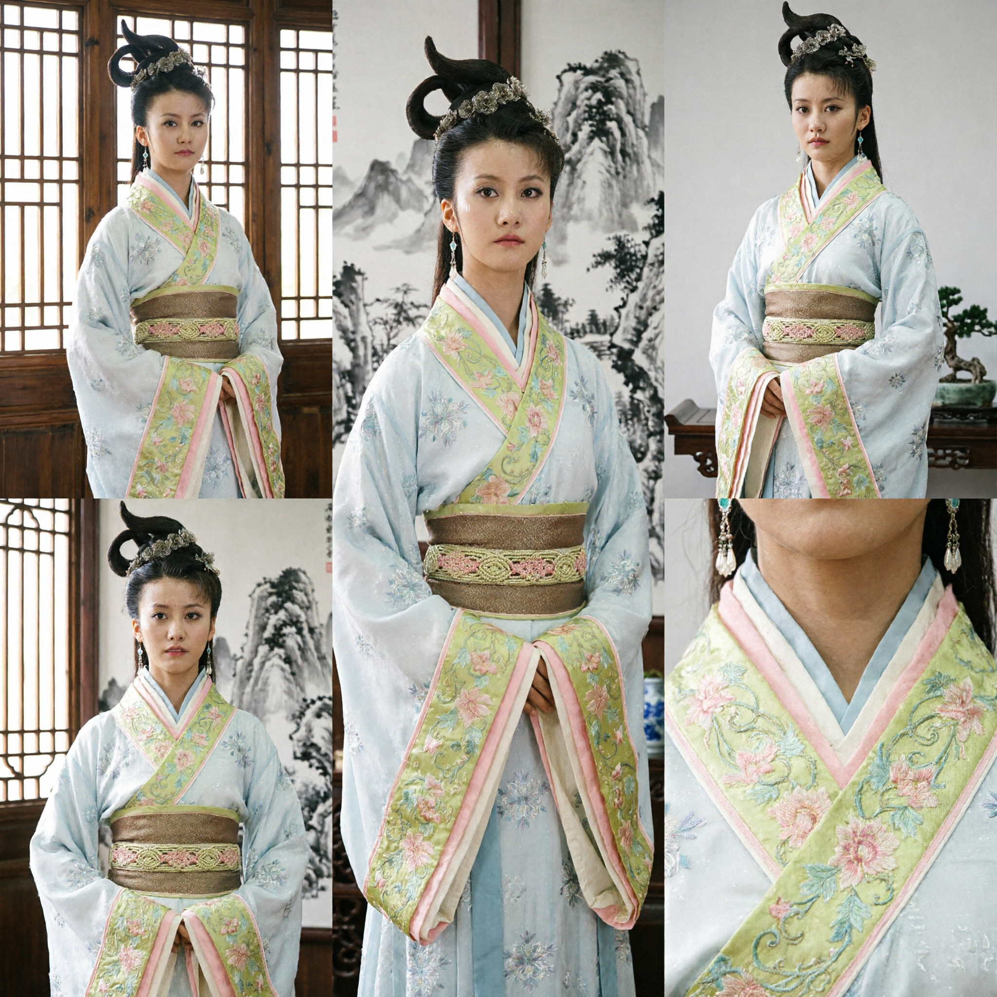 Traje Tradicional Chinês Hanfu, Vestido de Dama do Palácio Antigo com Bordado Floral Branco e Verde para Cosplay Feminino - Asian Costume