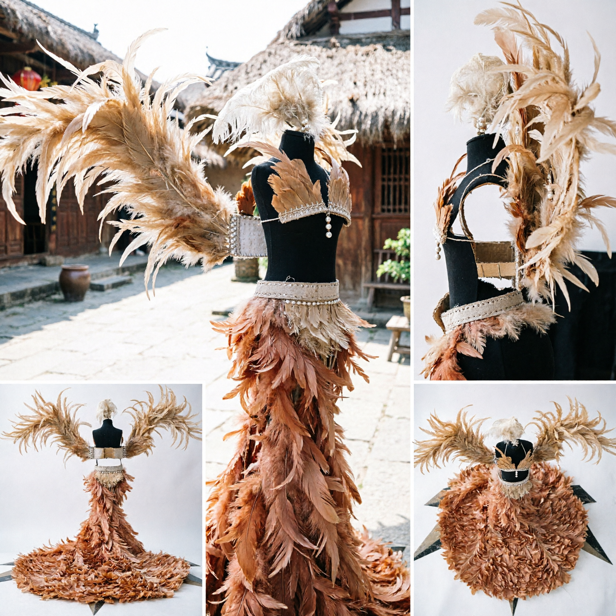 Uitgebreid Gouden Veren Showgirl Kostuum met Dramatische Vleugels voor Vrouwen Podiumdans en Carnaval Optreden - Asian Costume