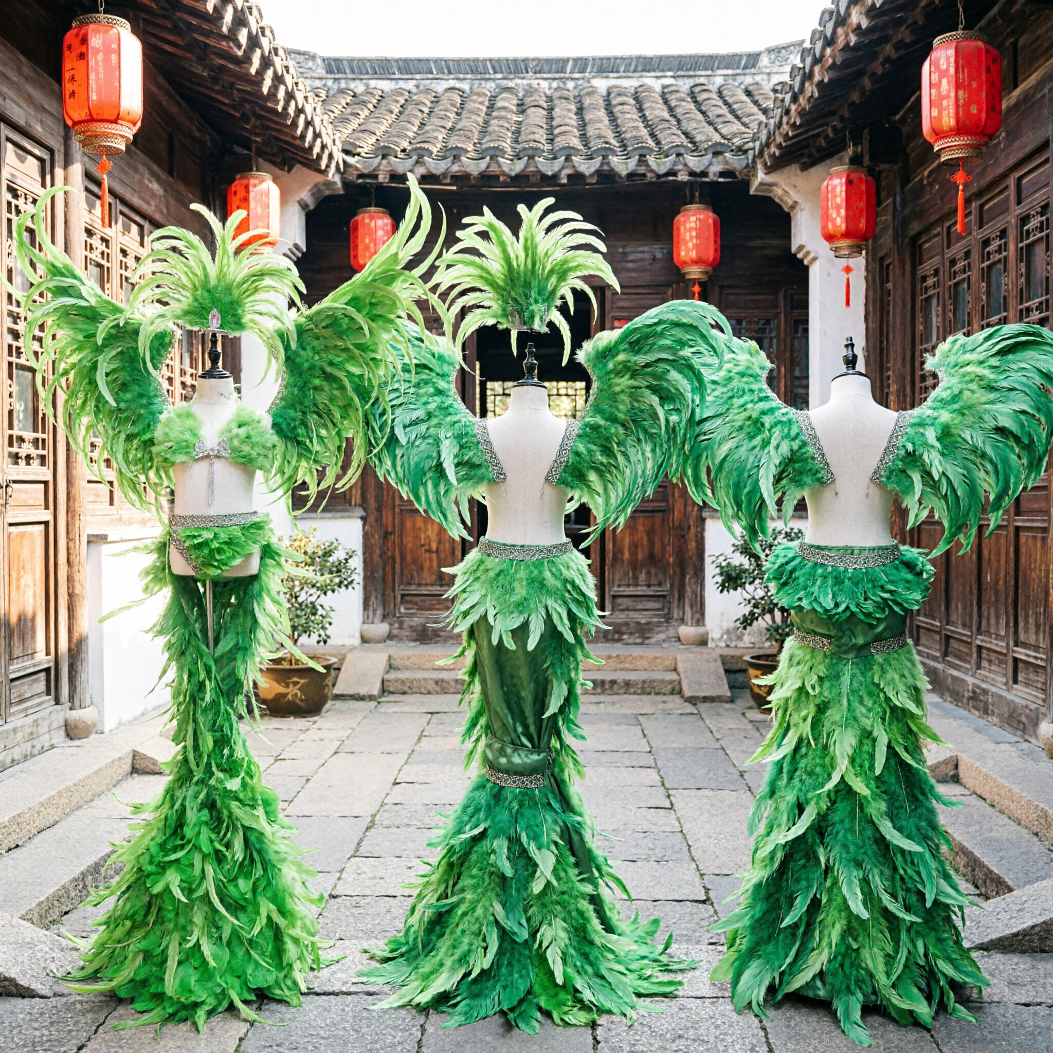 طقم زي كرنفال السامبا الأخضر النابض بالحياة مع تاج أجنحة ريش للنساء لعروض الرقص المسرحي - Asian Costume