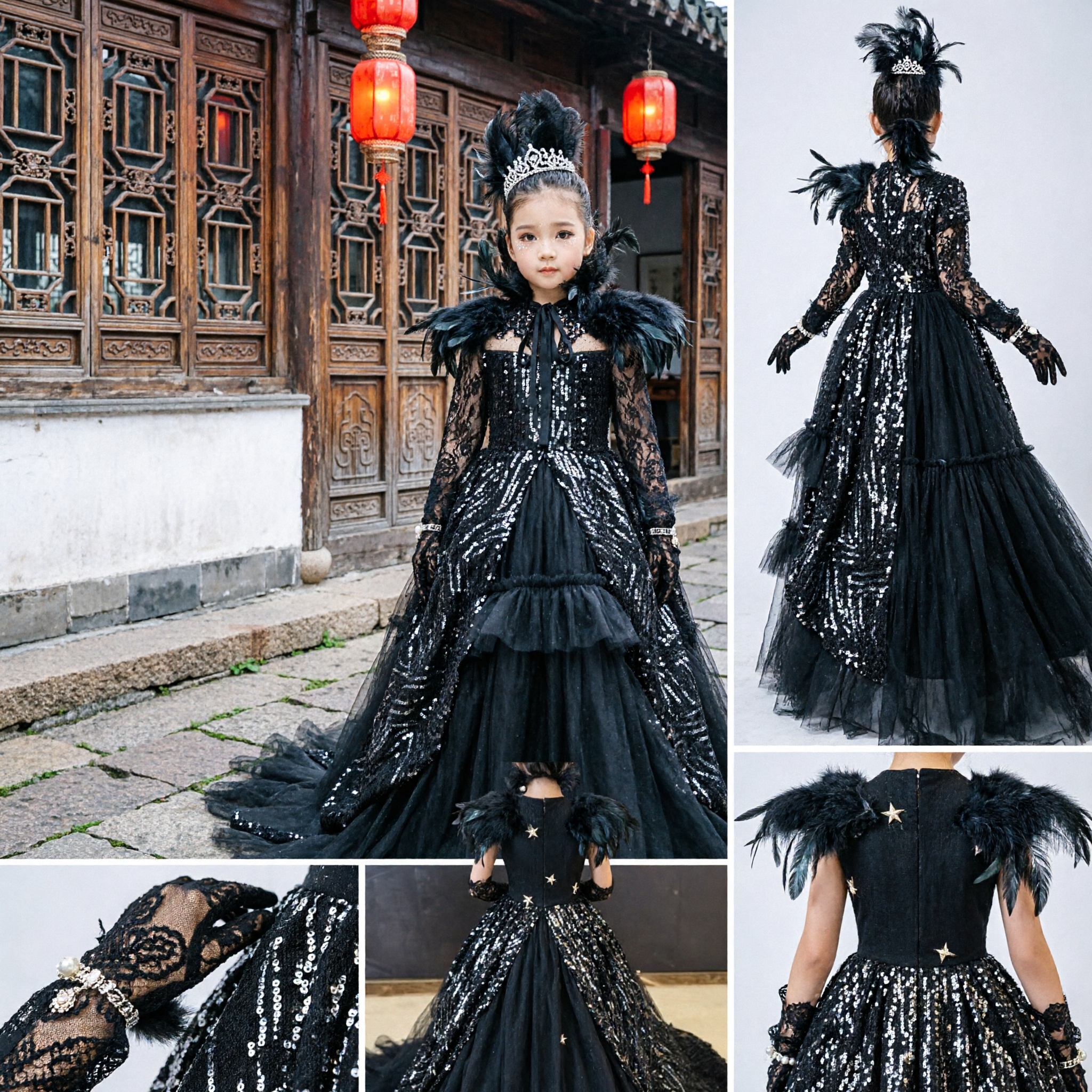Elegancka granatowa suknia balowa księżniczki z cekinami i koronkowymi rękawami dla dziewczynek na występy sceniczne i formalne wydarzenia - Asian Costume