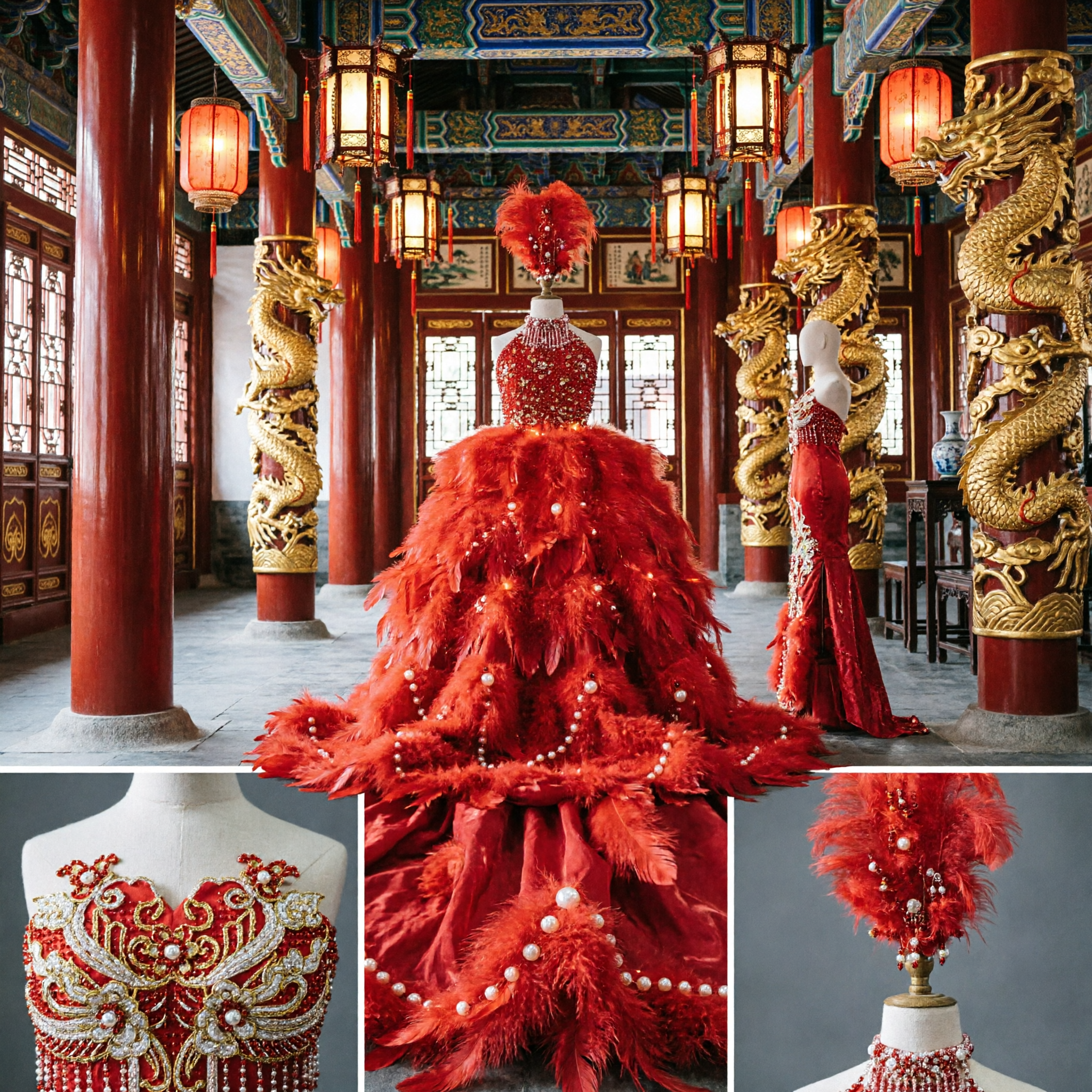 Abito da Spettacolo sul Palco con Luci LED Rosso per Bambine, Corpetto con Paillettes, Gonna in Tulle e Copricapo Piumato - Asian Costume