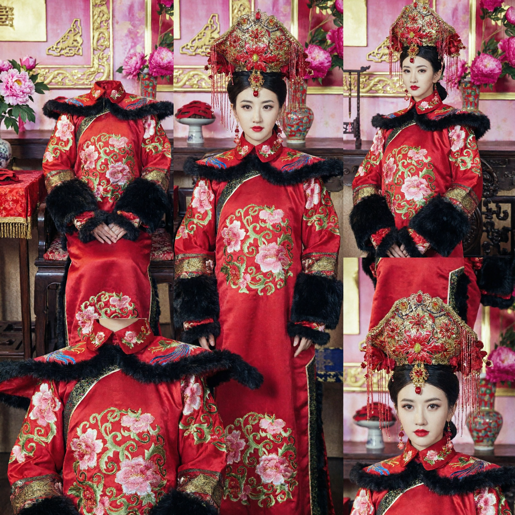 Traje Tradicional de Emperatriz de la Dinastía Qing China Túnica Roja de Boda con Ribete de Piel y Tocado para Mujer - Asian Costume