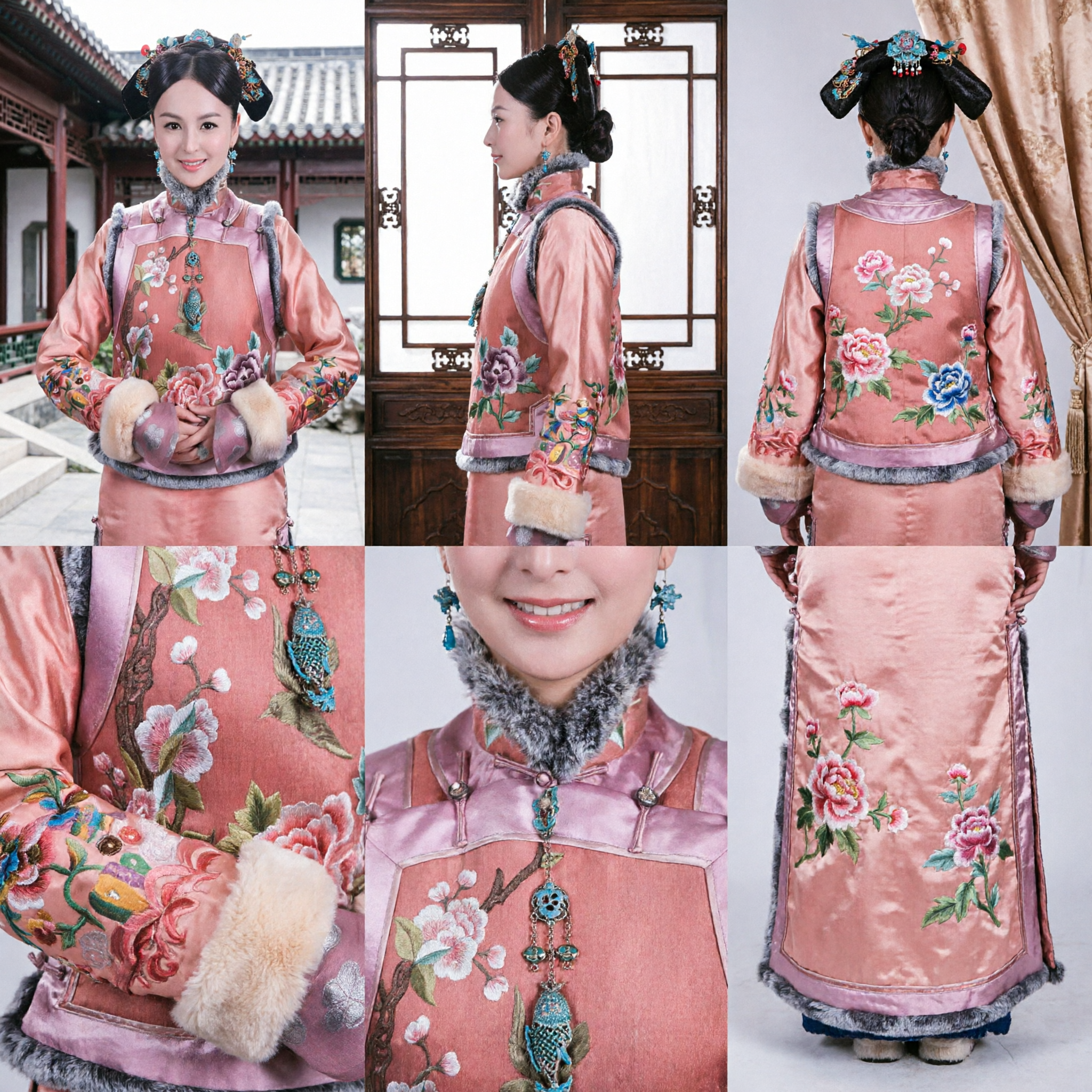 Traditioneel Chinees Qing-dynastie Prinses Kostuum Roze Bloemenborduurwerk Mantel met Bontafzetting voor Vrouwen Cosplay - Asian Costume