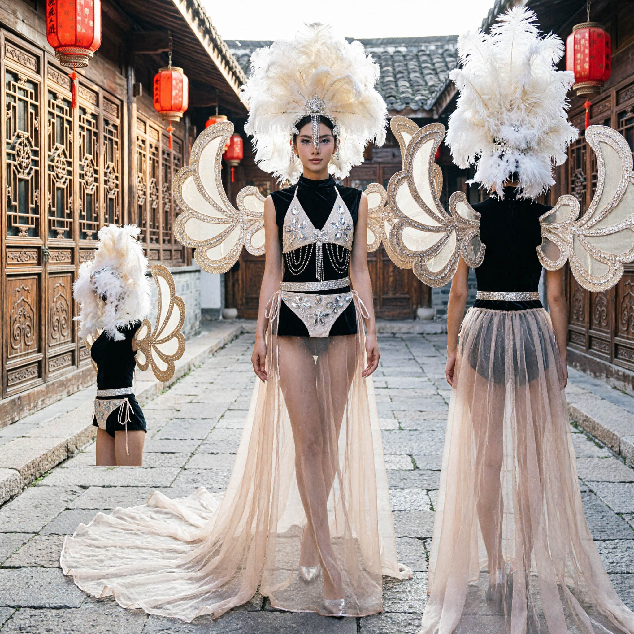 زي عارضة سامبا كرنفال محترف للسيدات مع تاج ريش وأجنحة وتنورة طويلة من الشاش للعروض المسرحية - Asian Costume