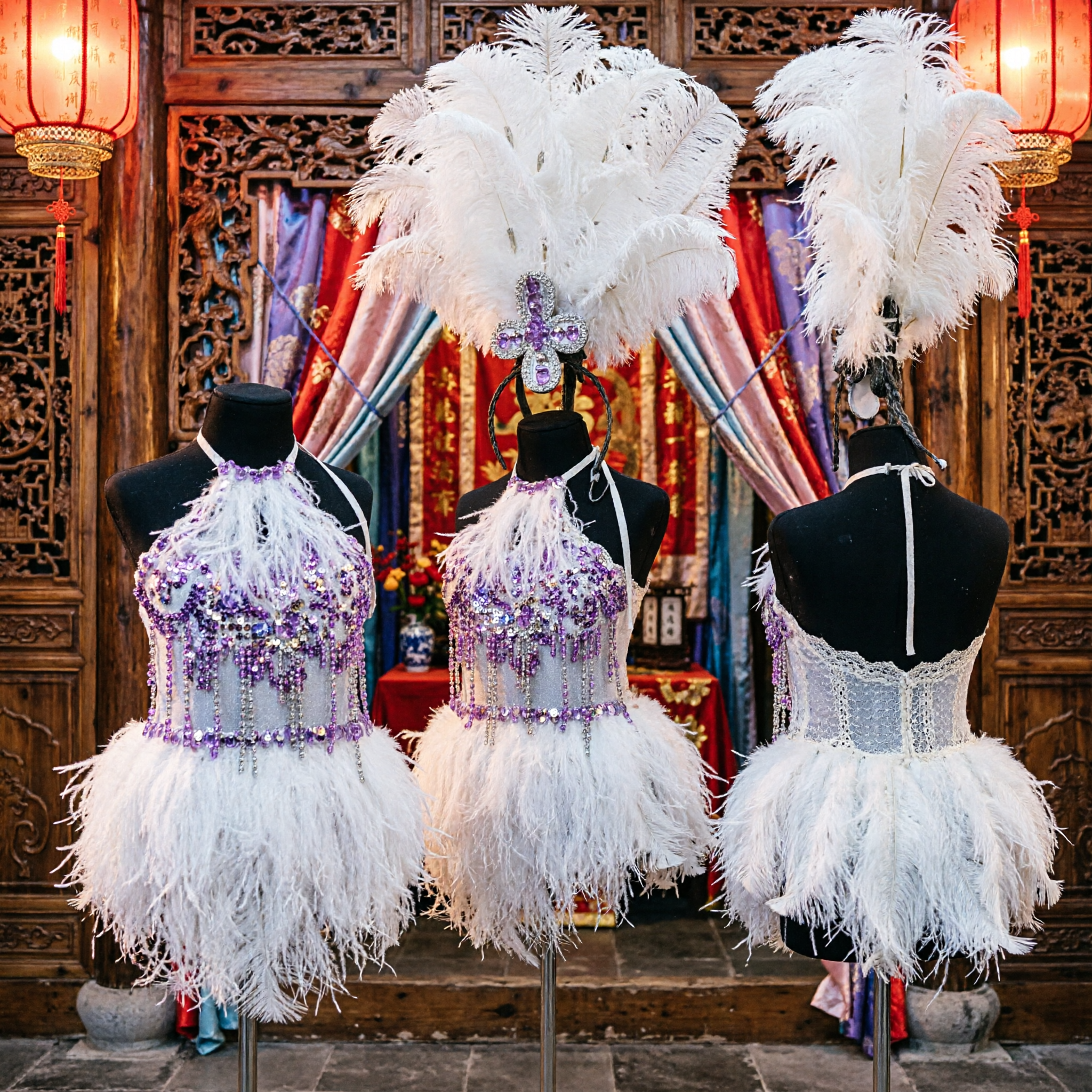 성인용 화이트 깃털 쇼걸 머리장식과 반짝이 보디스 세트 카니발 삼바 무대 공연 - Asian Costume