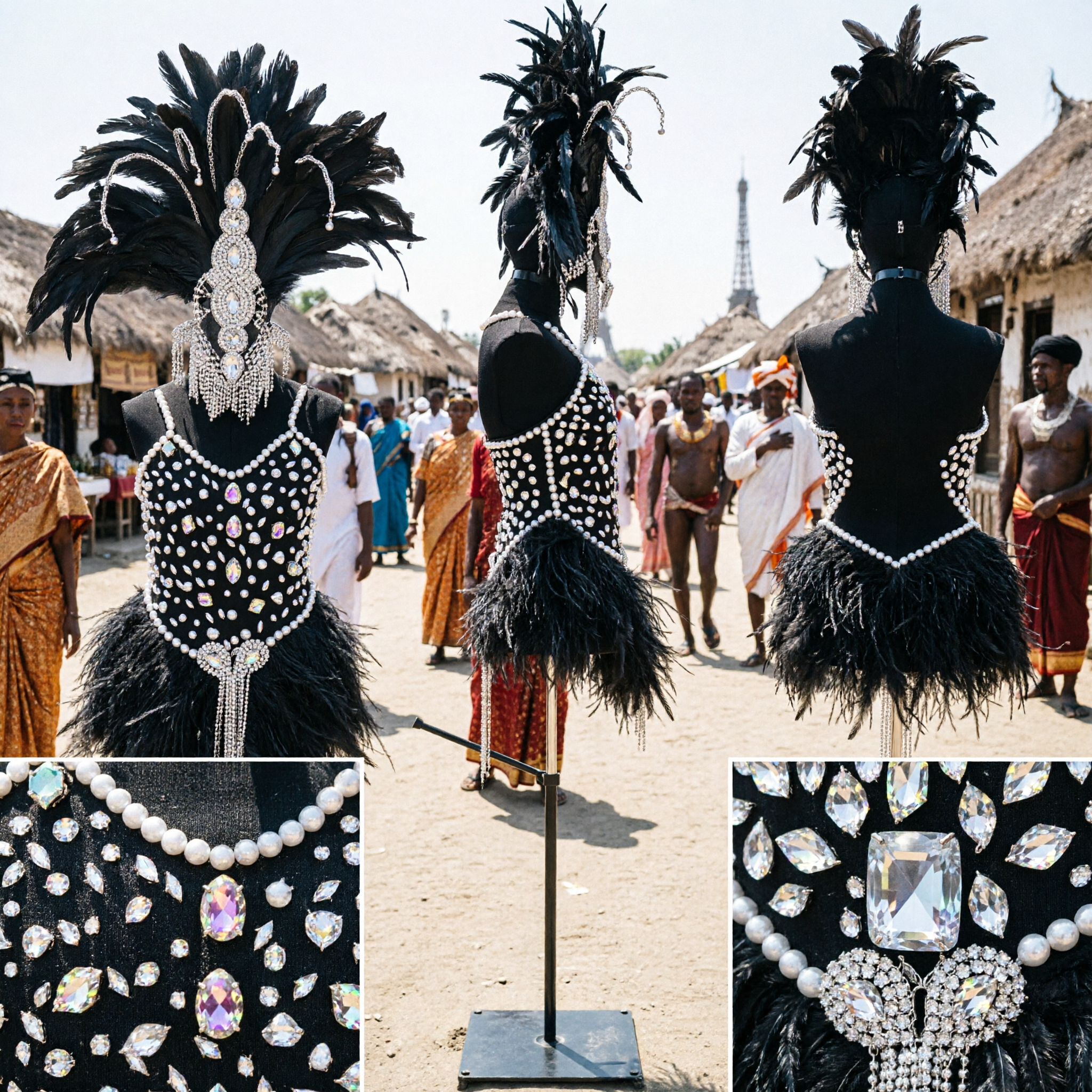 مجموعة تاج ريش أسود ومشد مرصع بالكرستالات للسيدات لعروض عارضة سامبا كرنفال على المسرح - Asian Costume