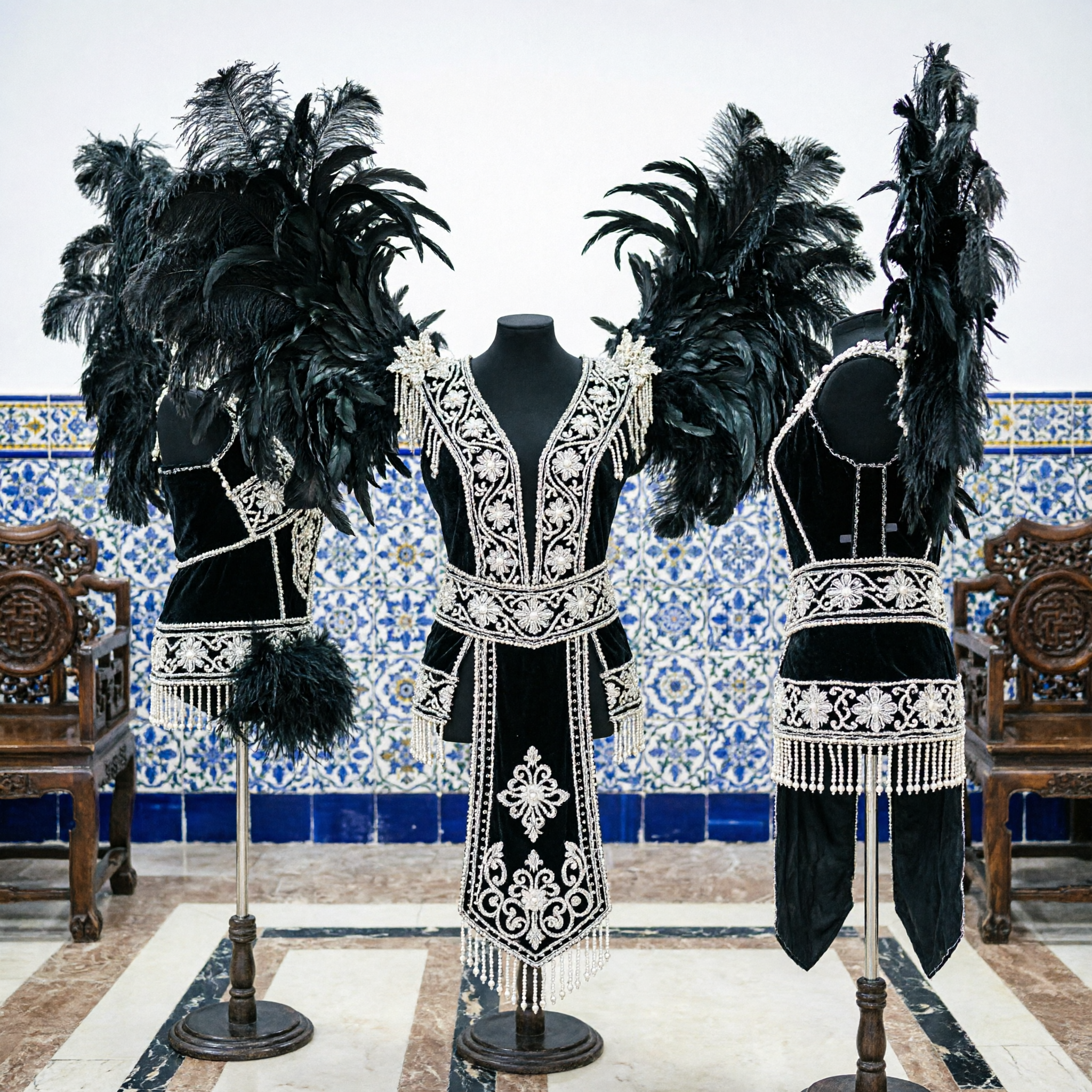 プロフェッショナル ブラックダチョウ羽根バックピース髪飾り クリスタル付き カーニバルサンバショーガールステージパフォーマンス用 - Asian Costume