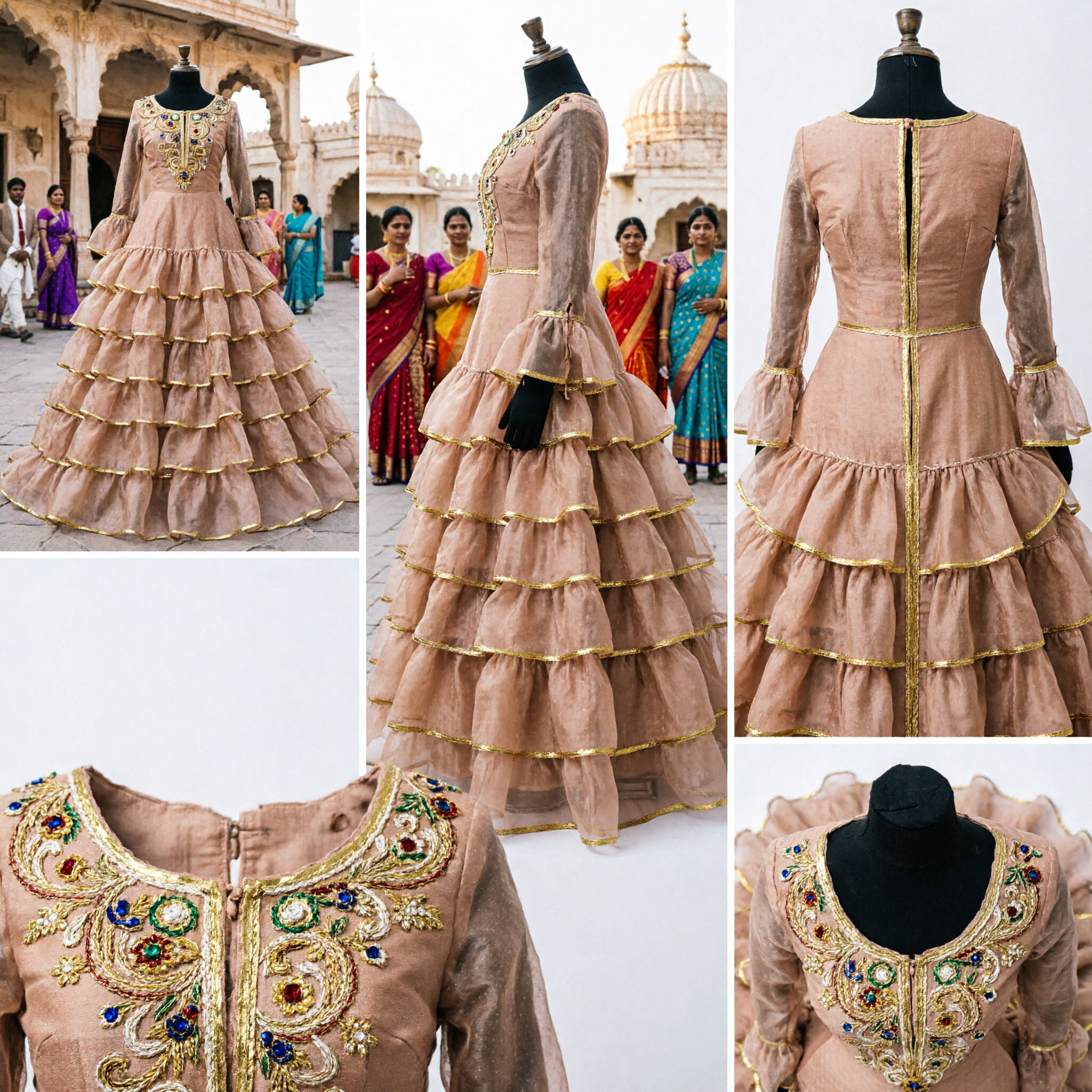 프로페셔널 여성 벨리댄스 의상 반짝이 홀터넥 탑 샴페인 티어드 러플 인어 스커트 무대 복장 - Asian Costume