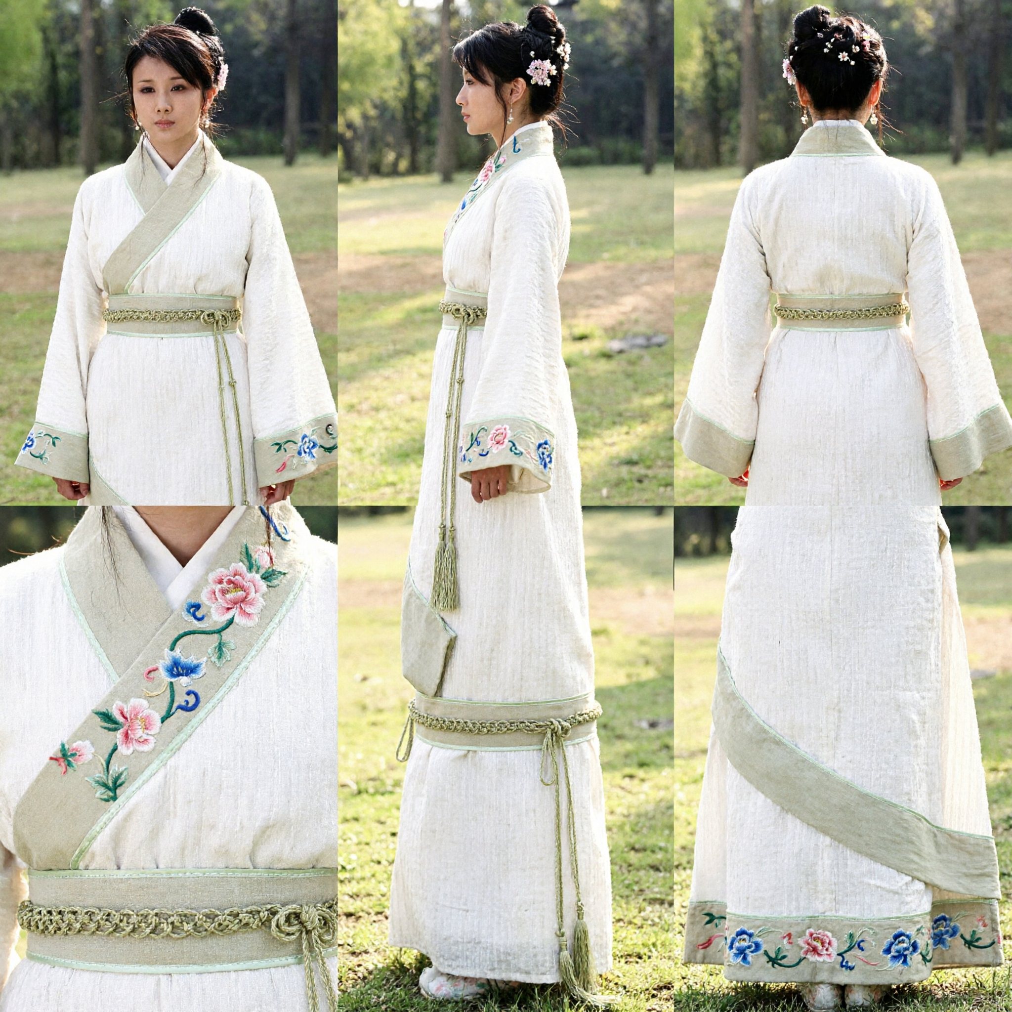 Costume Tradizionale Hanfu Antico Cinese Veste Bianca con Fascia Verde Abito in Stile Dinastia Han per Donne - Asian Costume