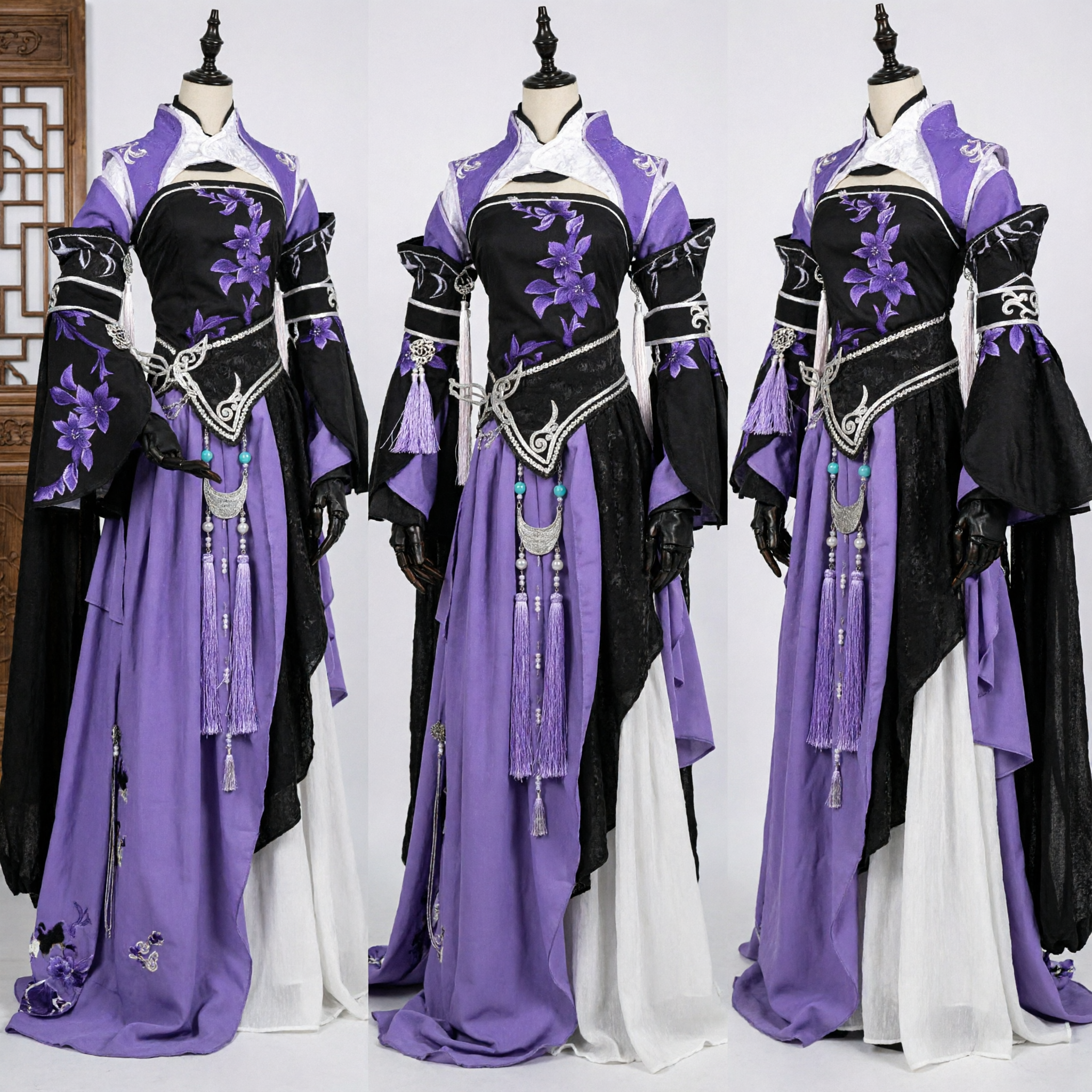 Traje Hanfu Tradicional Chinês Púrpura e Preto de Dama Nobre Antiga, Vestido Bordado para Cosplay Wuxia Feminino - Asian Costume