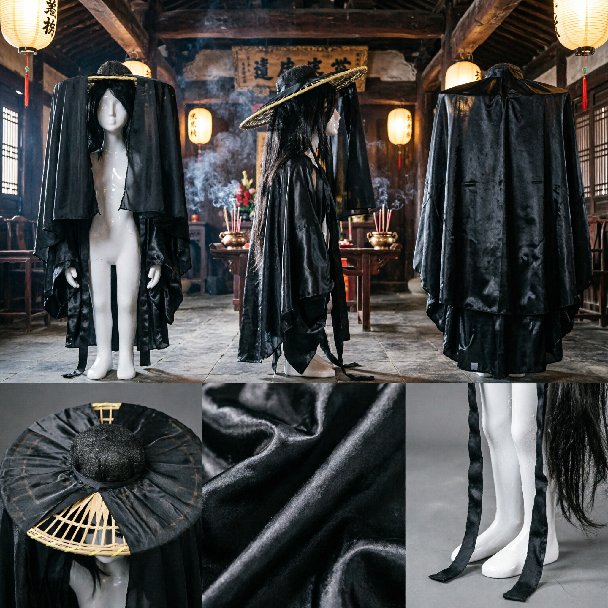 Chapeau de voile de gaze noir de guerrier Wuxia traditionnel chinois - Accessoire de costume Hanfu ancien d'arts martiaux pour cosplay - Asian Costume