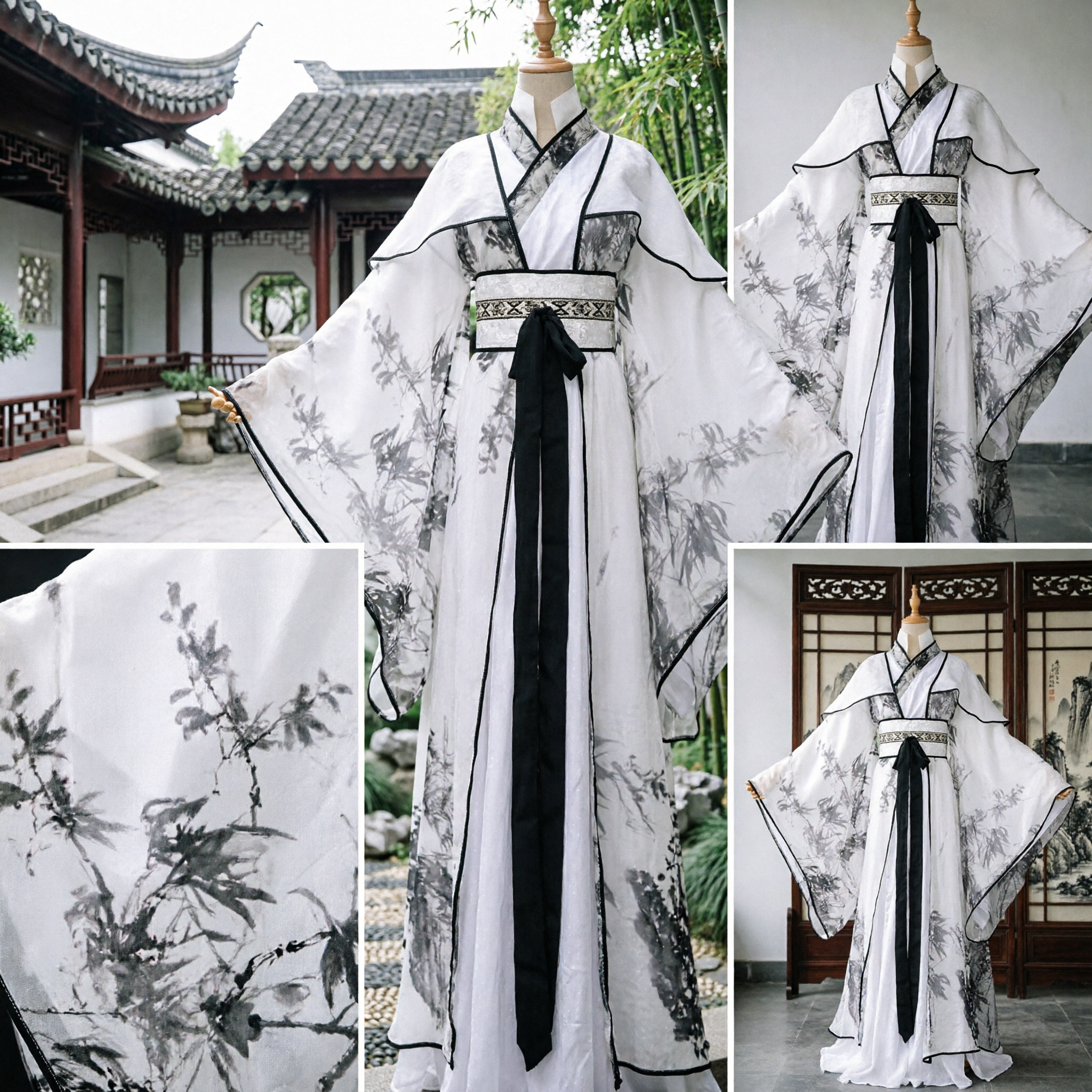 Traditional Chinese Hanfu Men's Clothing White Bamboo Ink Wash Painting Robe Ancient Swordsman Costume for Cosplay - Asian Costume