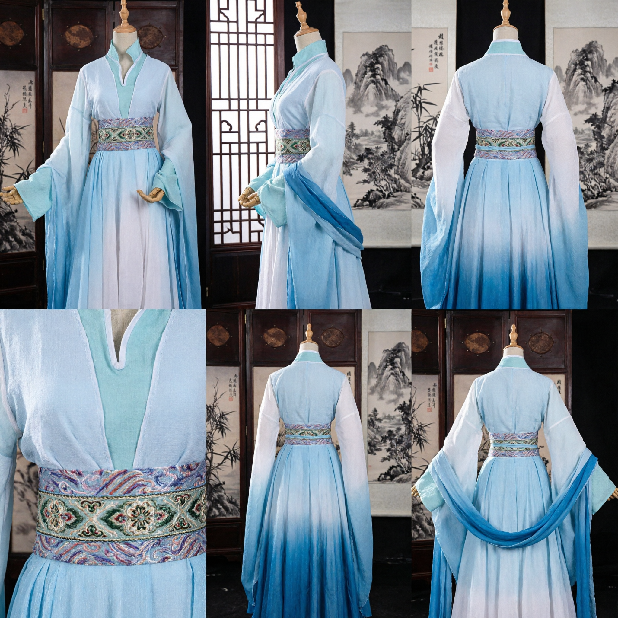 Traditioneel Chinees Hanfu-kostuum, Oud Feeënjurk Blauw Wit Verloop Wijdmouwge Gewaad voor Vrouwen - Asian Costume