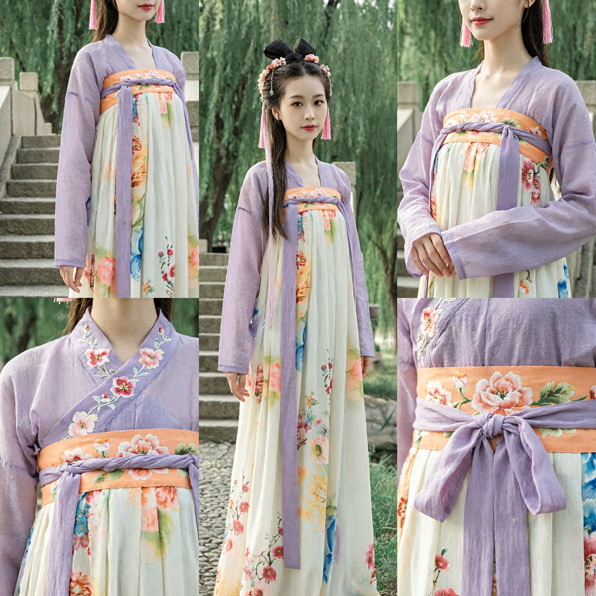 Elegancki zestaw Hanfu Qixiong Ruqun z dynastii Tang z nadrukiem kwiatowym na spódnicy i fioletową przezroczystą szatą dla kobiet - Asian Costume