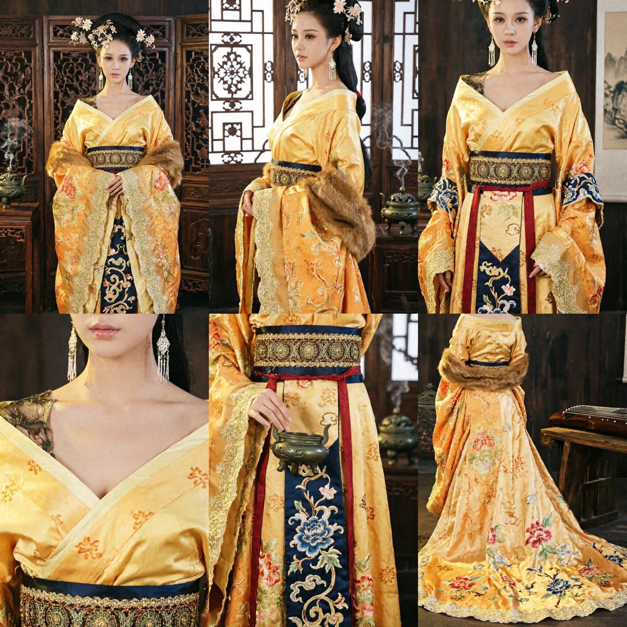 Traje de Emperatriz y Dama del Palacio de la Dinastía Tang China Antigua, Vestido Hanfu de Seda Amarilla para Cosplay y Actuación de Mujer - Asian Costume