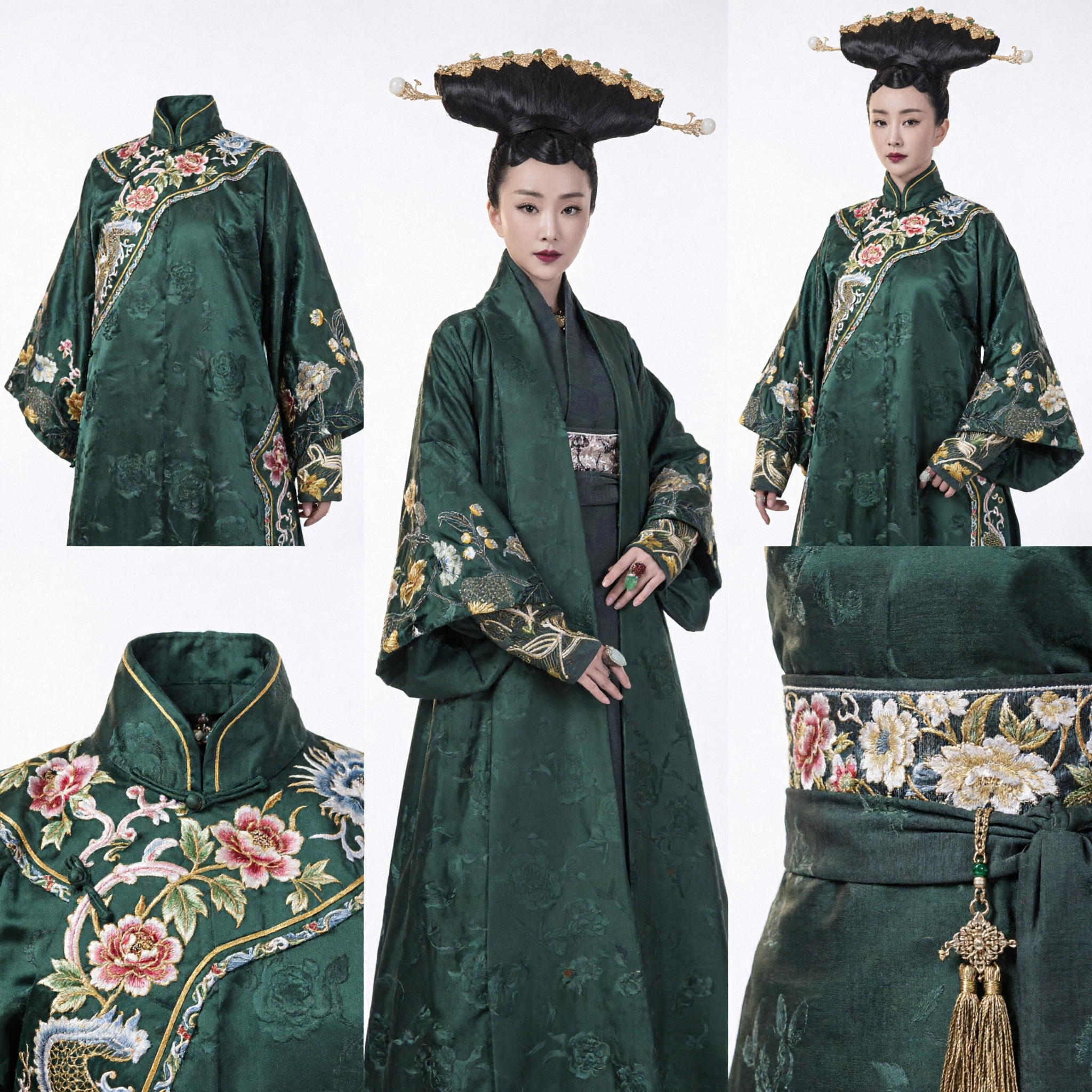 Traditionelles Chinesisches Antikes Kaiserinnen-Grünes Hanfu-Kleid Besticktes Gewand Komplettes Set mit Kopfschmuck für Frauen - Asian Costume
