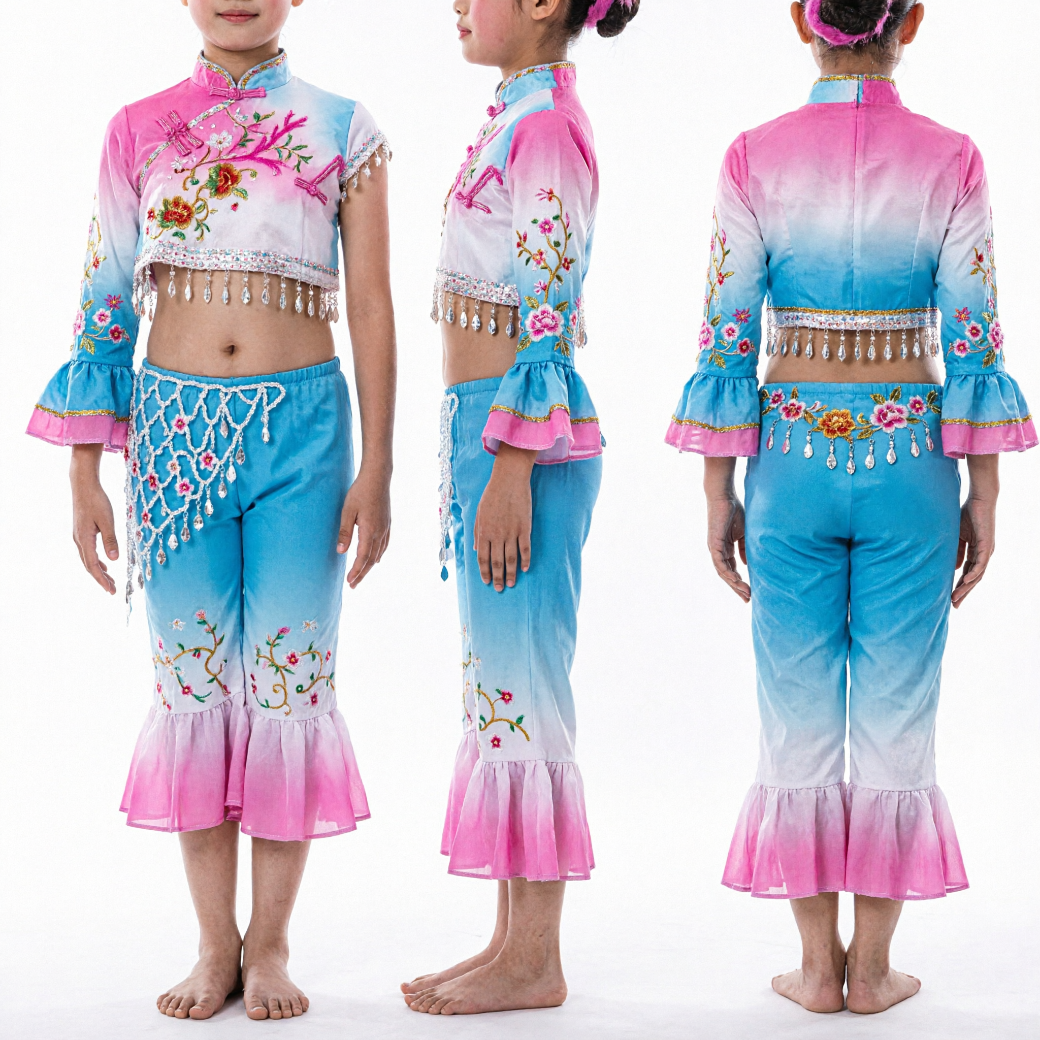 Children Girls Chinese Folk Dance Costume Pink Blue Fishtail Pants Stage Performance Outfit for Competition - Asian Costume