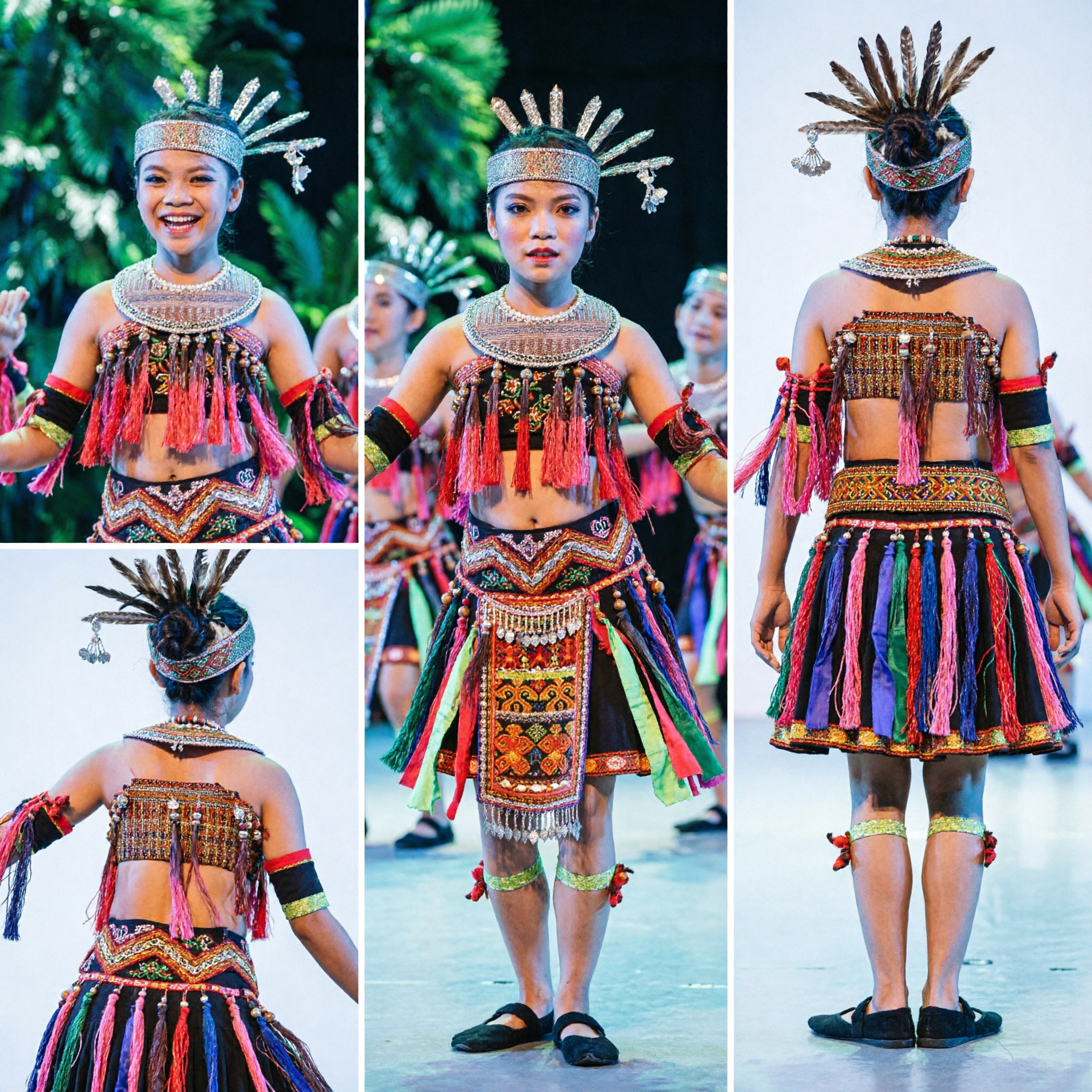 전통 중국 소수민족 무용 의상 완전 세트 여성 무대 공연 민속 드레스 은색 머리장식 포함 - Asian Costume