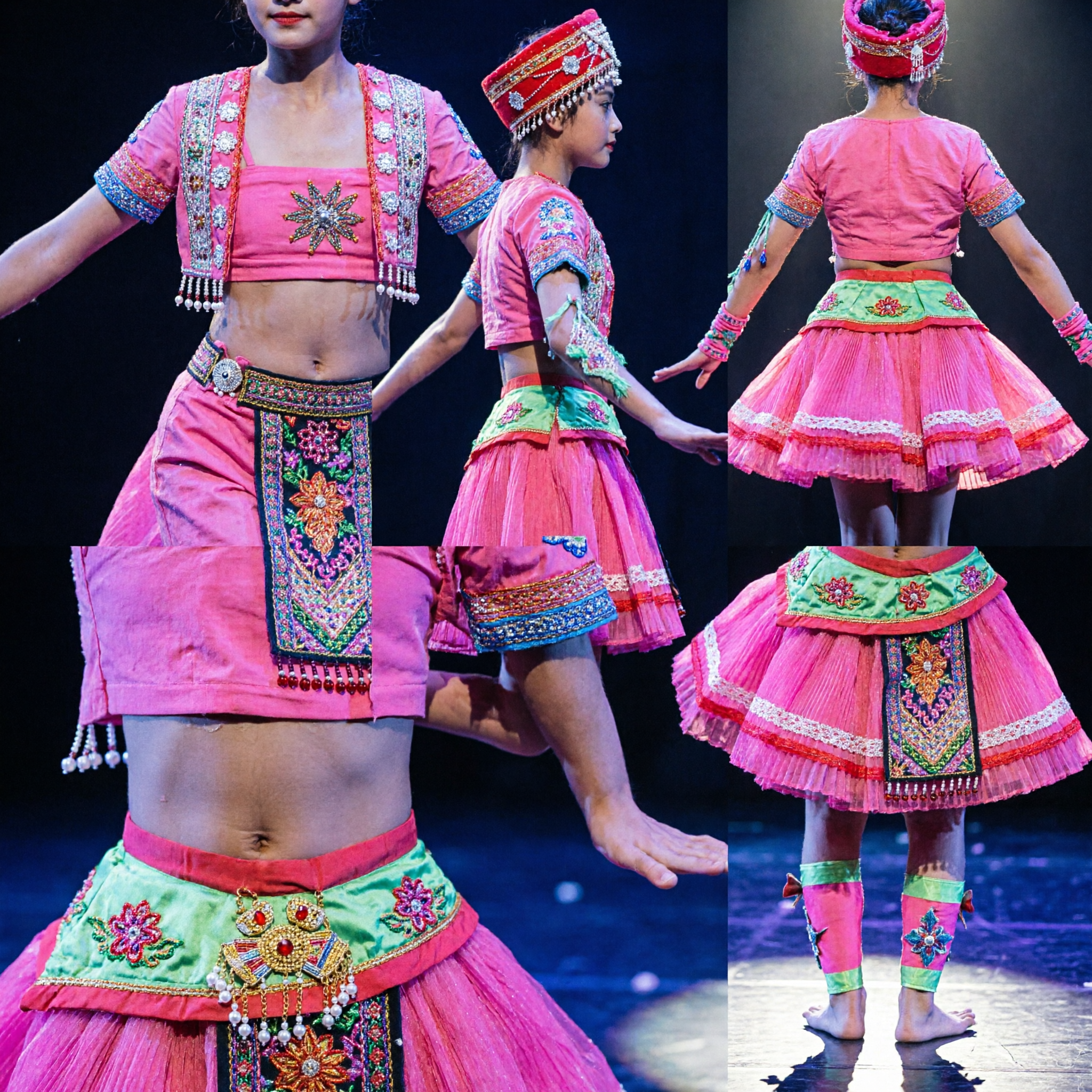 鮮やかなピンクの中国民族舞踊衣装 女の子用伝統的少数民族舞台パフォーマンス衣装セット - Asian Costume