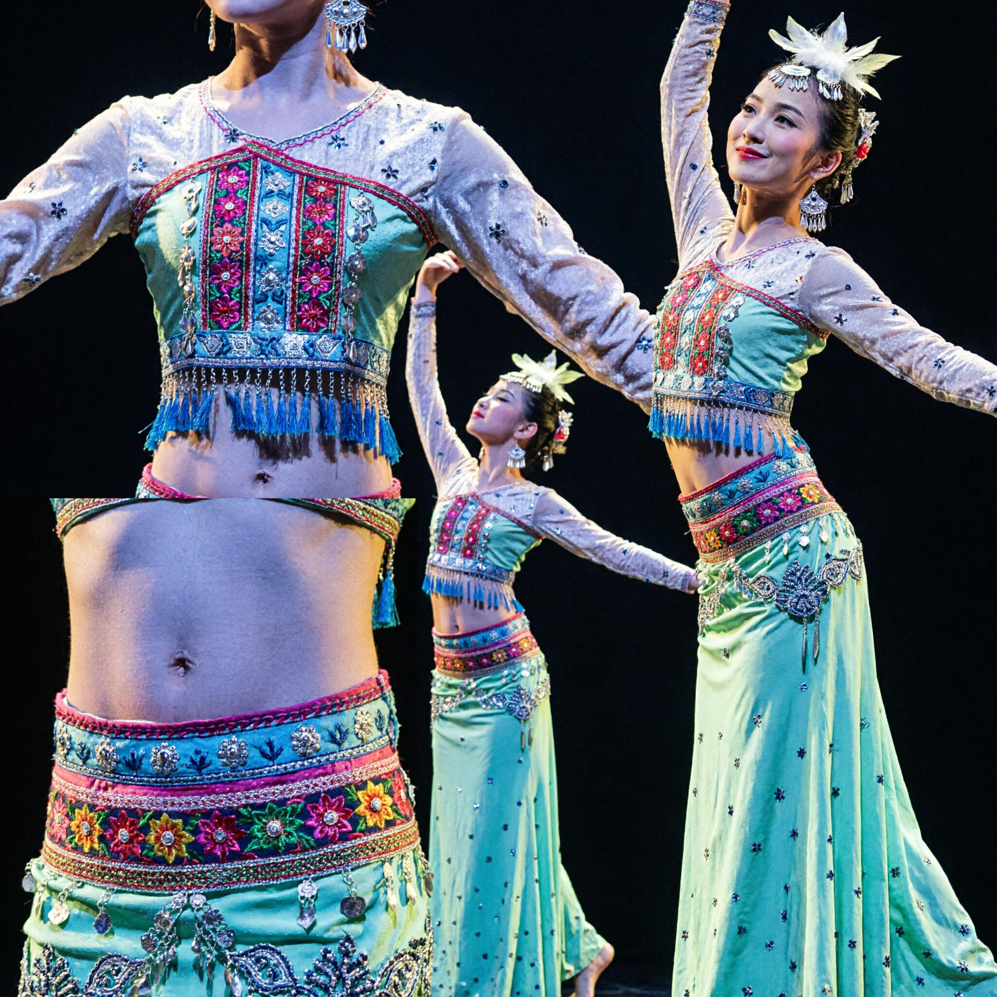 プロフェッショナル中国民族舞踊衣装 女性用グリーンアンブレラドレス 伝統的舞台パフォーマンス衣装 - Asian Costume