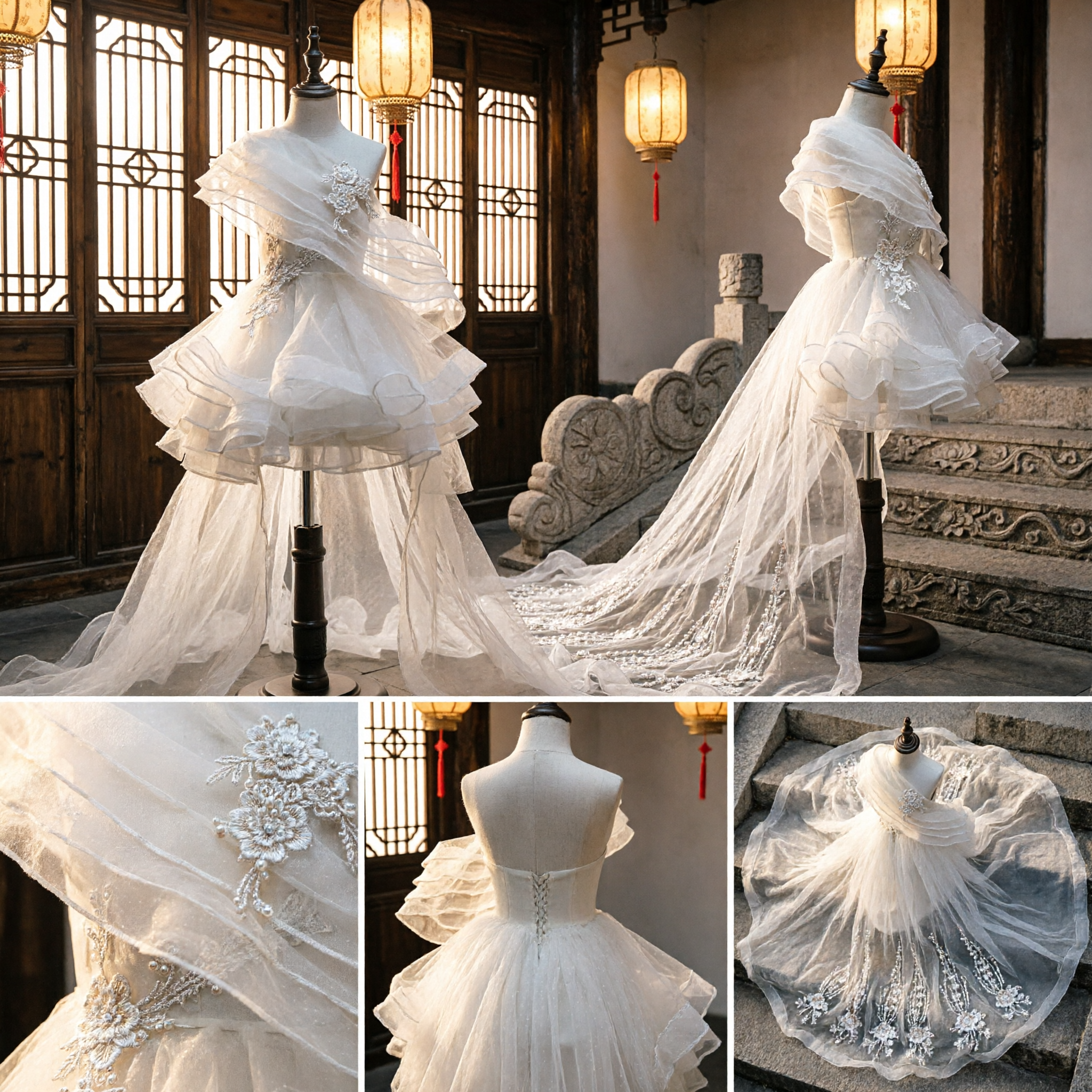 Robe de scène en tulle plissé champagne à une épaule avec longue traîne pour chanteuses et animatrices - Asian Costume