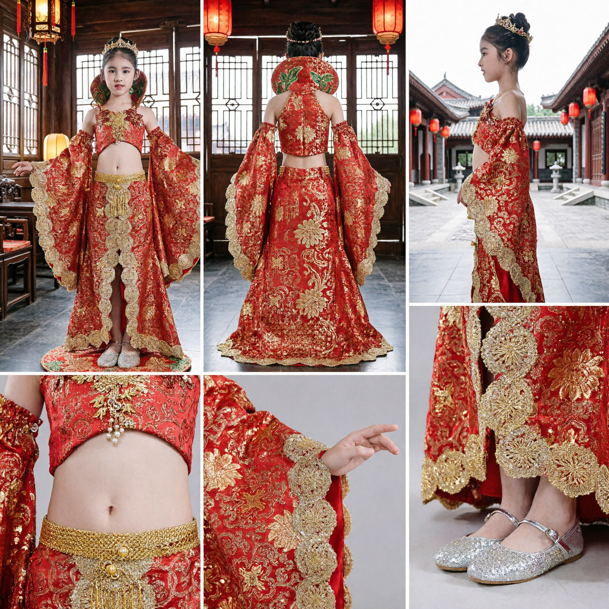 Costume de danse traditionnel chinois pour filles enfants, ensemble de robe de scène de l'ethnie Dai à broderie rouge et or - Asian Costume