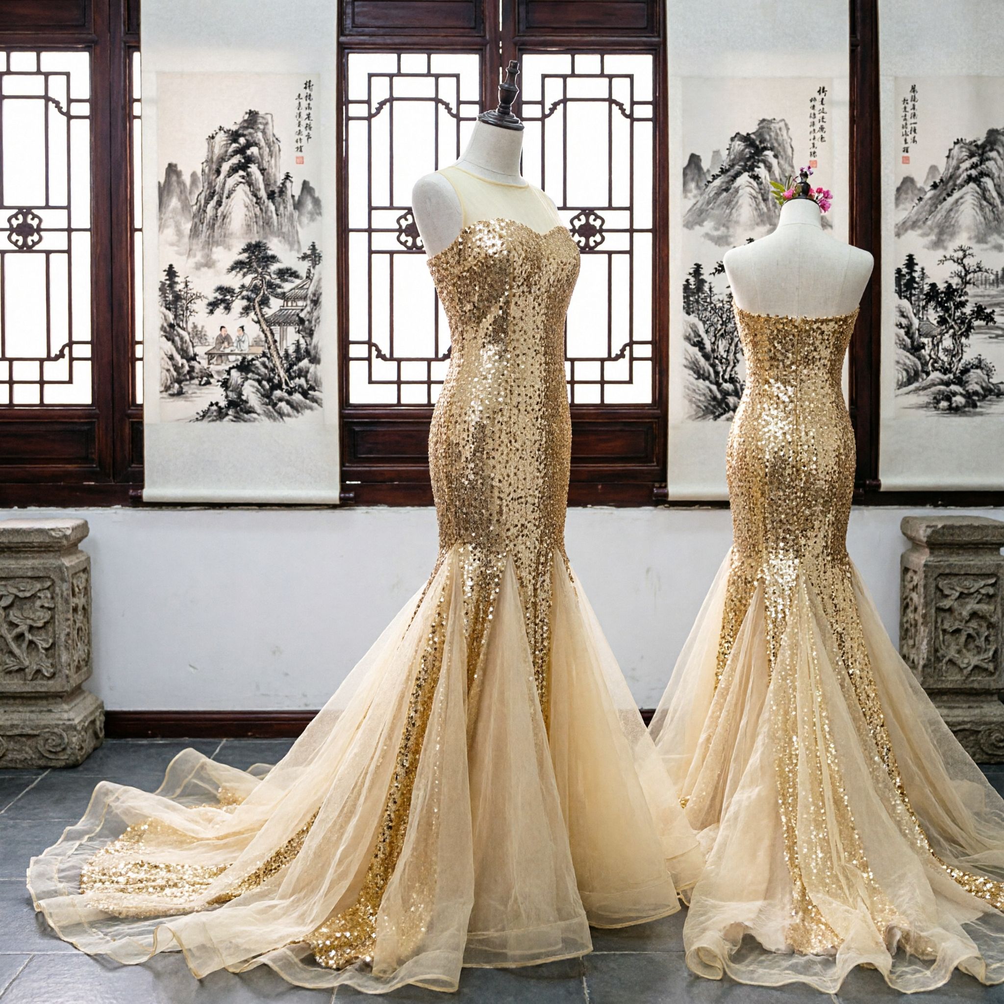 Elegant Gold Sequined Mermaid Evening Gown Strapless Prom Dress for Women Formal Pageant Party Wear - Asian Costume