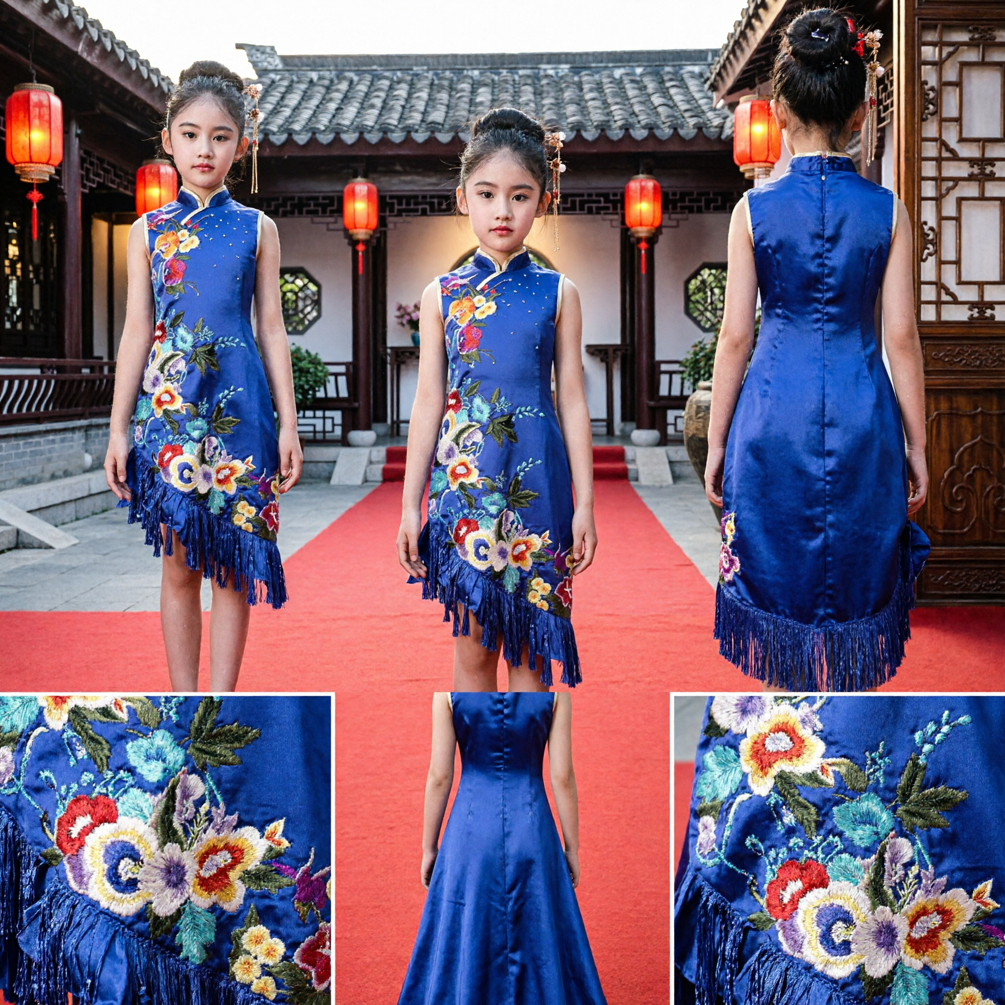 Blauwe Bloemen Geborduurde Kinderen Cheongsam Jurken met Cape Traditionele Chinese Qipao voor Meisjes Podiumoptreden Bruiloft - Asian Costume