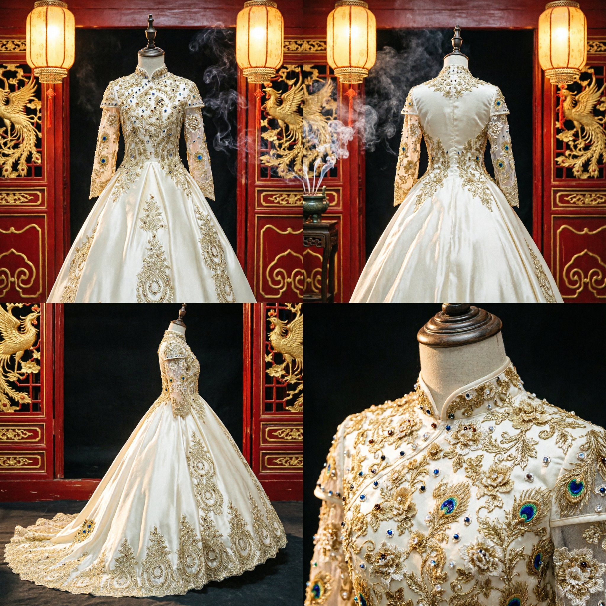 Robe de mariage chinoise exquise à broderie dorée, robe de bal à col haut, robe de fusion traditionnelle pour mariée - Asian Costume