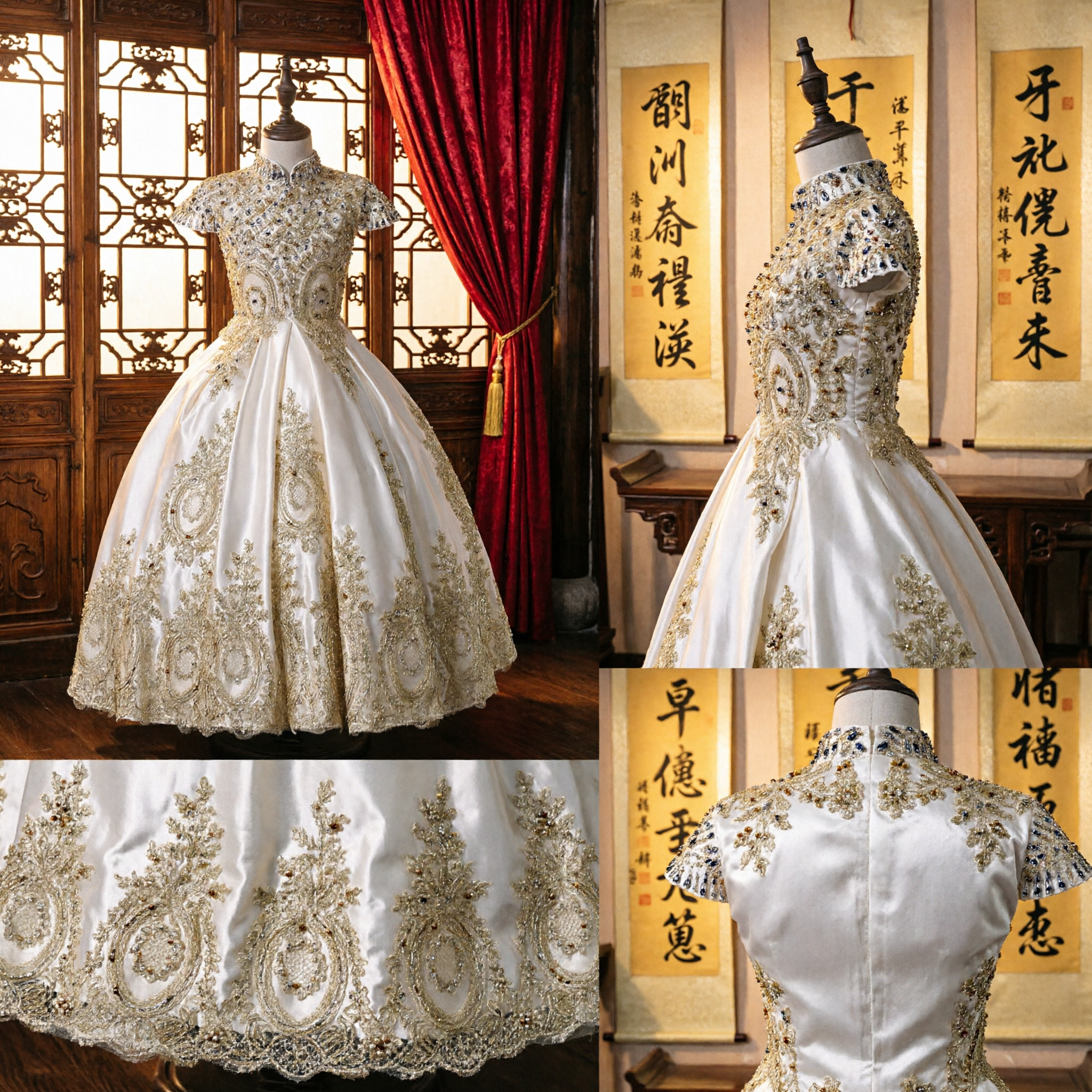 Abito da sposa cinese di lusso con ricamo dorato, veste tradizionale a palloncino per spose in stile Cheongsam con collo mandarino - Asian Costume