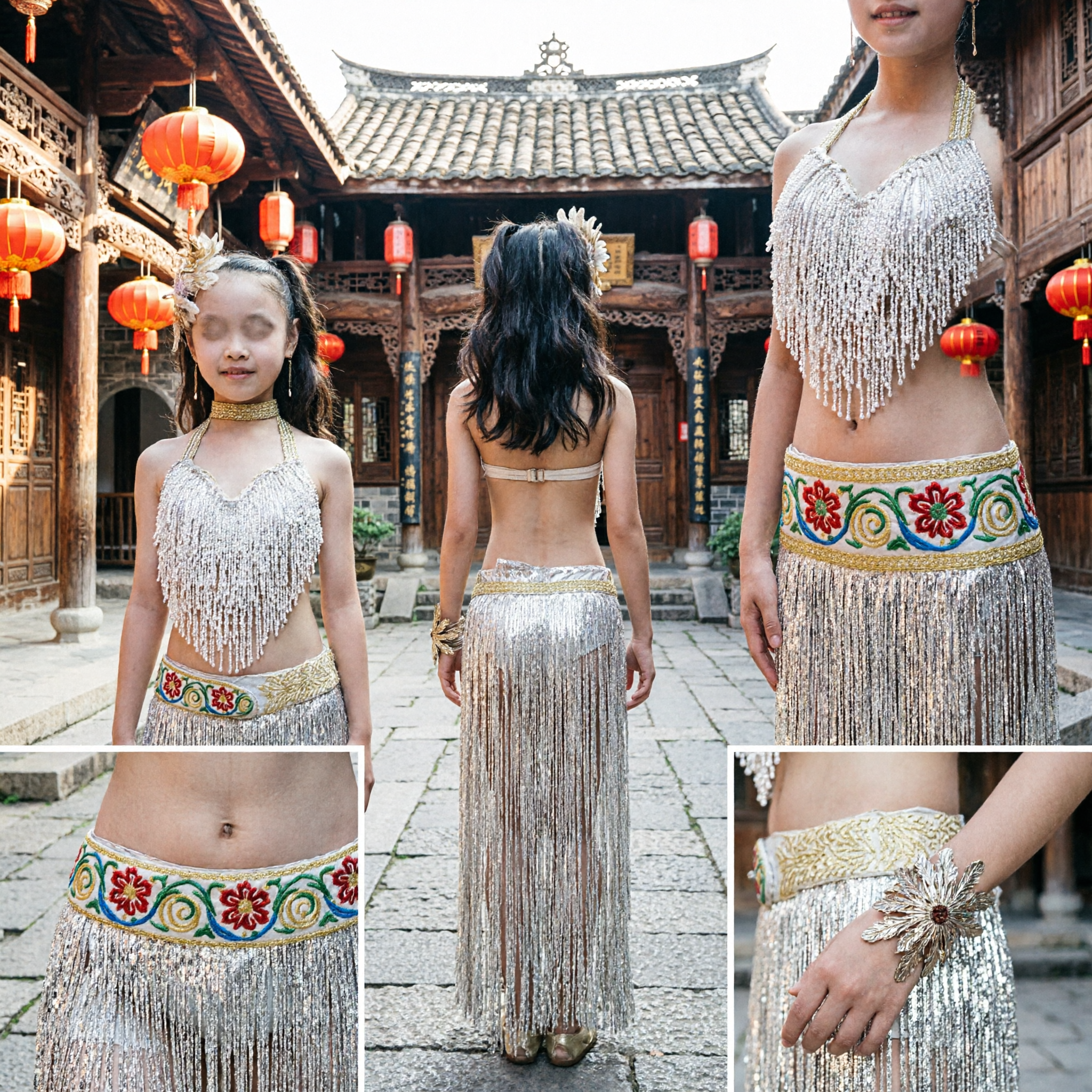 Kinderen Meisjes Goud Franje Latin Danskostuum Podiumoptreden Jurken Buikdans Wedstrijd Outfit - Asian Costume