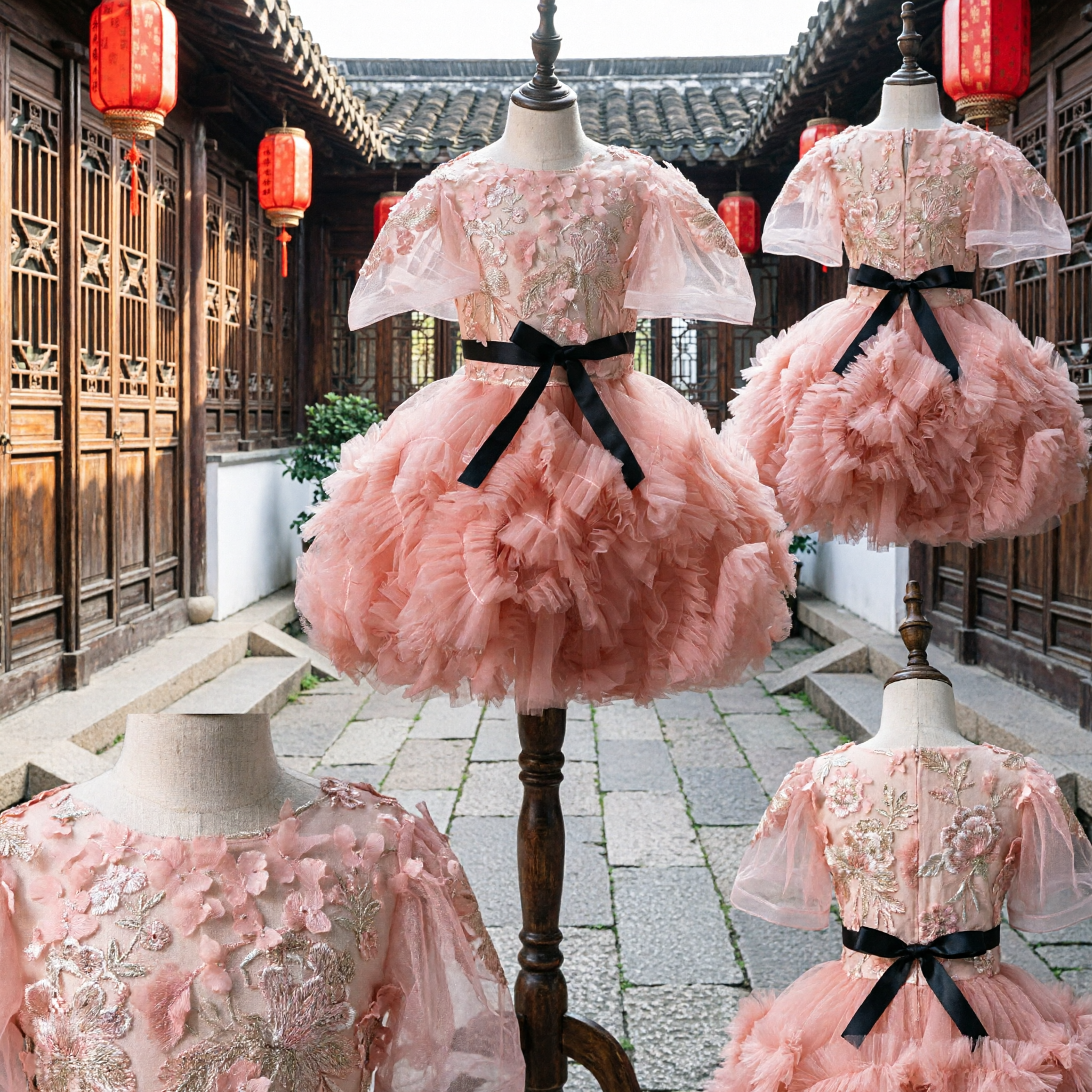 Розовое платье для девочек с цветочной вышивкой, тюлевая юбка пачка с черным поясом-саше, свадебное или праздничное платье для подружки невесты - Asian Costume