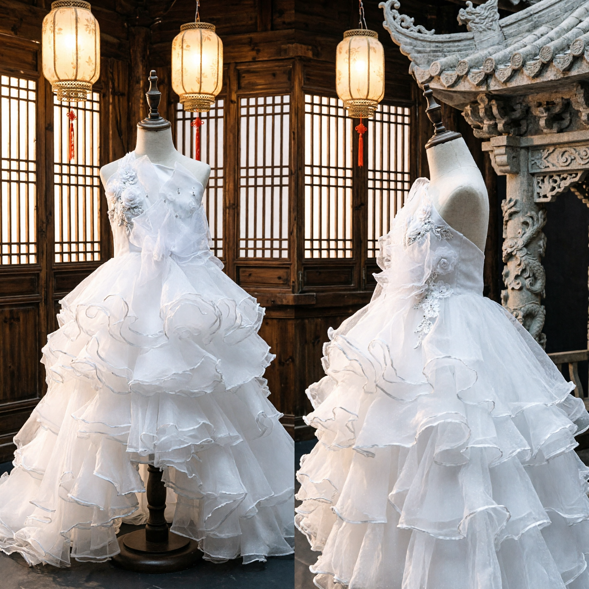 فستان عروس الزهور الأبيض مع تنورة توال متدرجة عالية-منخفضة للأطفال، لارتداء حفلات الزفاف والمناسبات الرسمية - Asian Costume