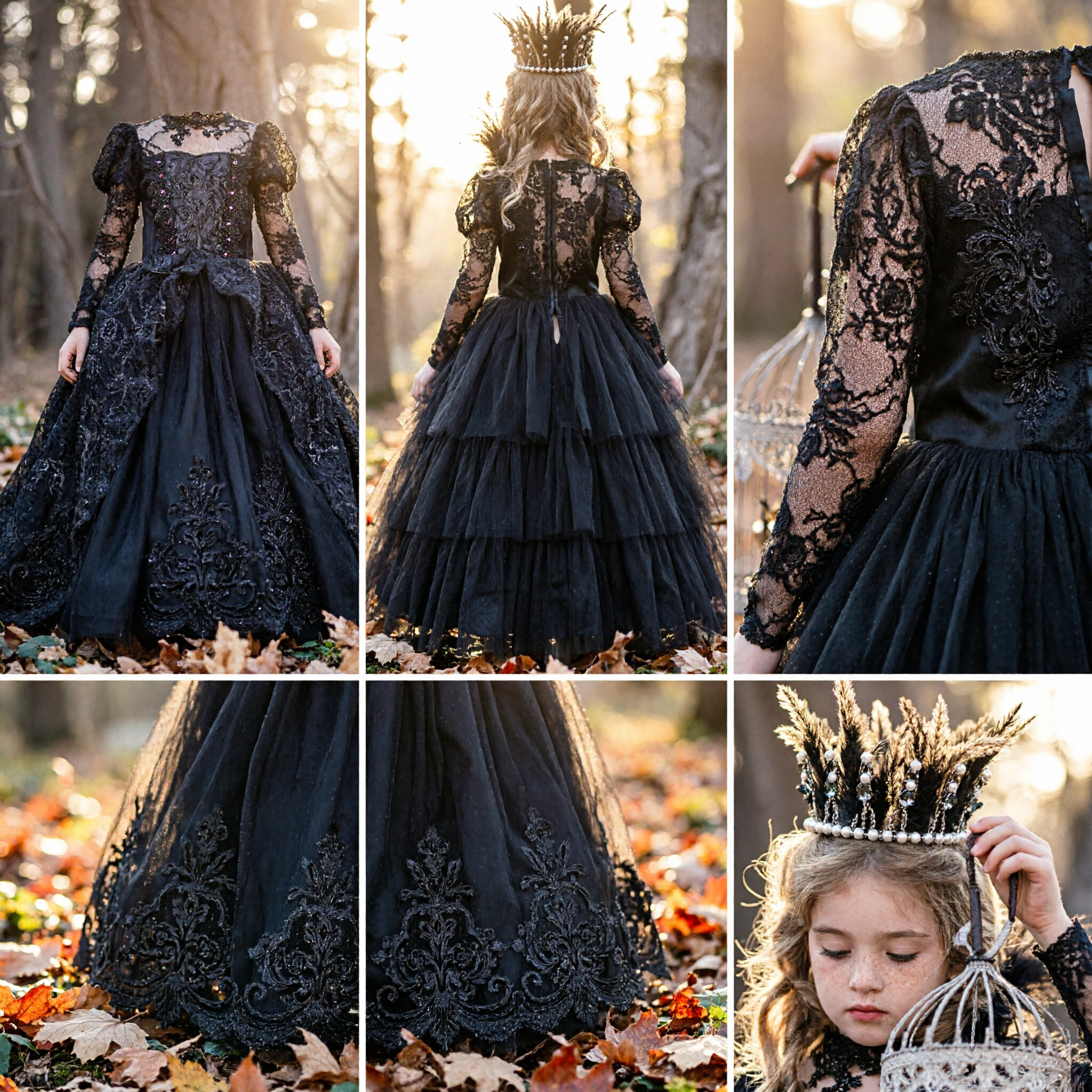 Abito a Palloncino Gotico Nero con Pizzo per Bambini da Principessa Dark Fantasy per Costume di Halloween e Feste con Corona - Asian Costume