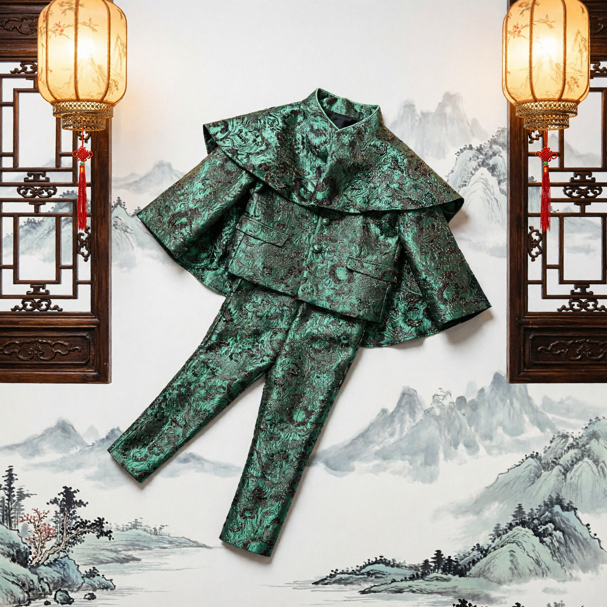 Costume Tang pour hommes en brocart vert émeraude à motif dragon, veste et pantalon traditionnels chinois pour marié - Asian Costume
