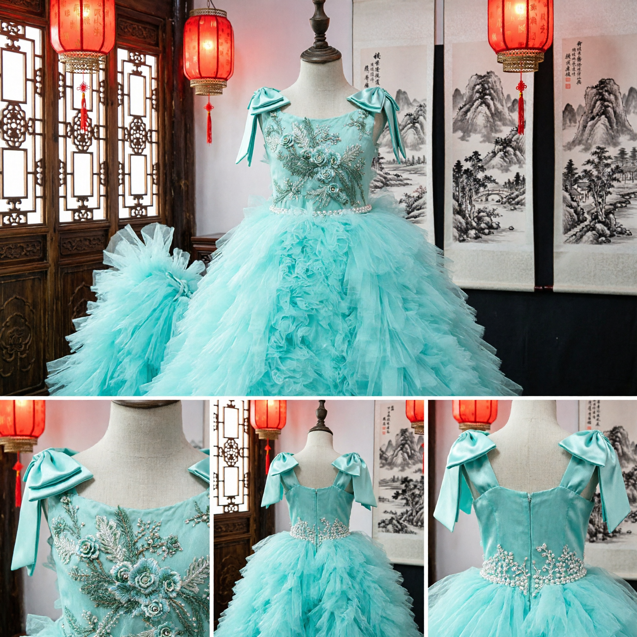 Elegant Teal Flower Girl Dress Princess Ball Gown with Floral Bows for Kids Wedding Pageant - Asian Costume