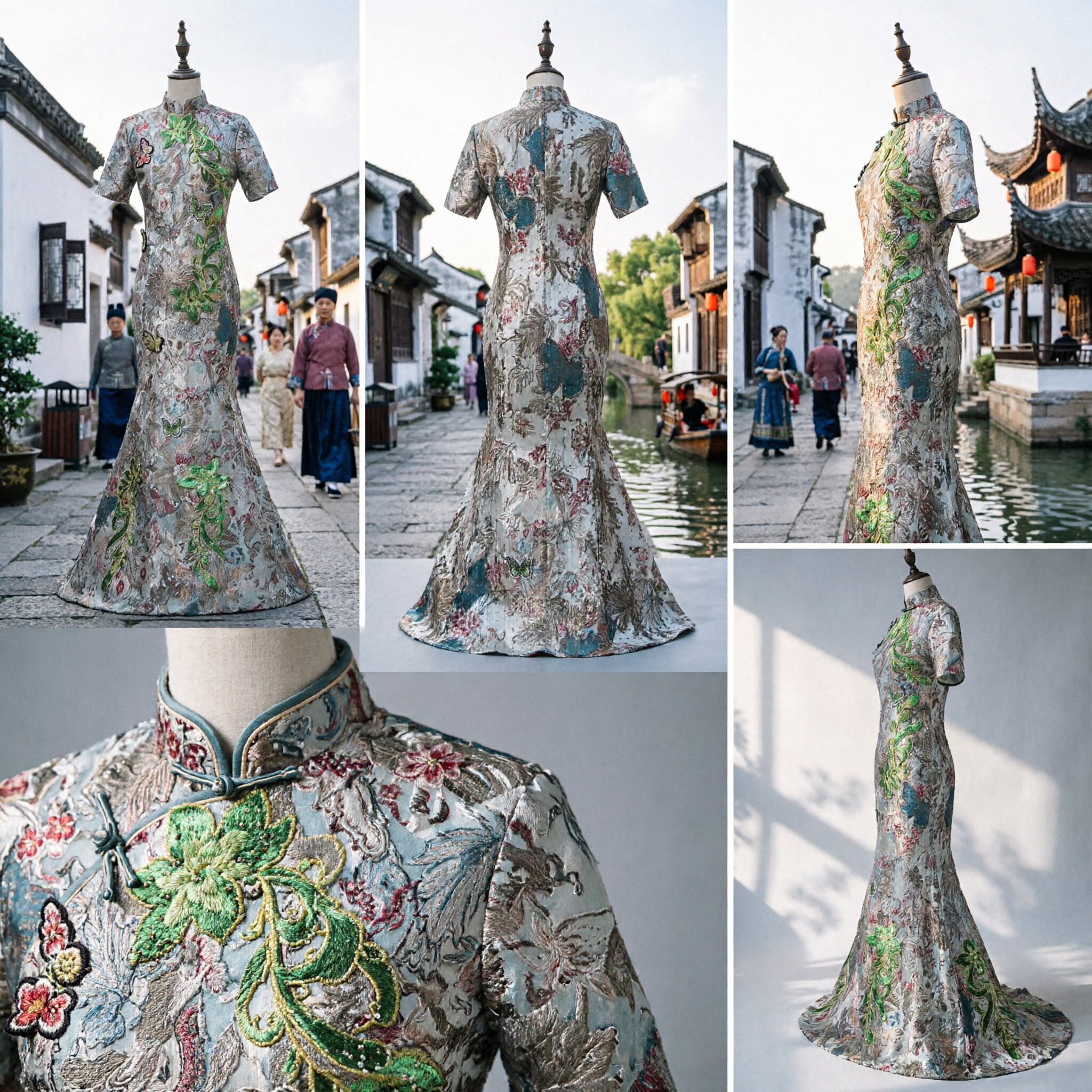 Traditionele Chinese Bloemen Borduurwerk Cheongsamjurk Vrouwen Fishtail Qipao Formele Bruiloft Avondjurk - Asian Costume