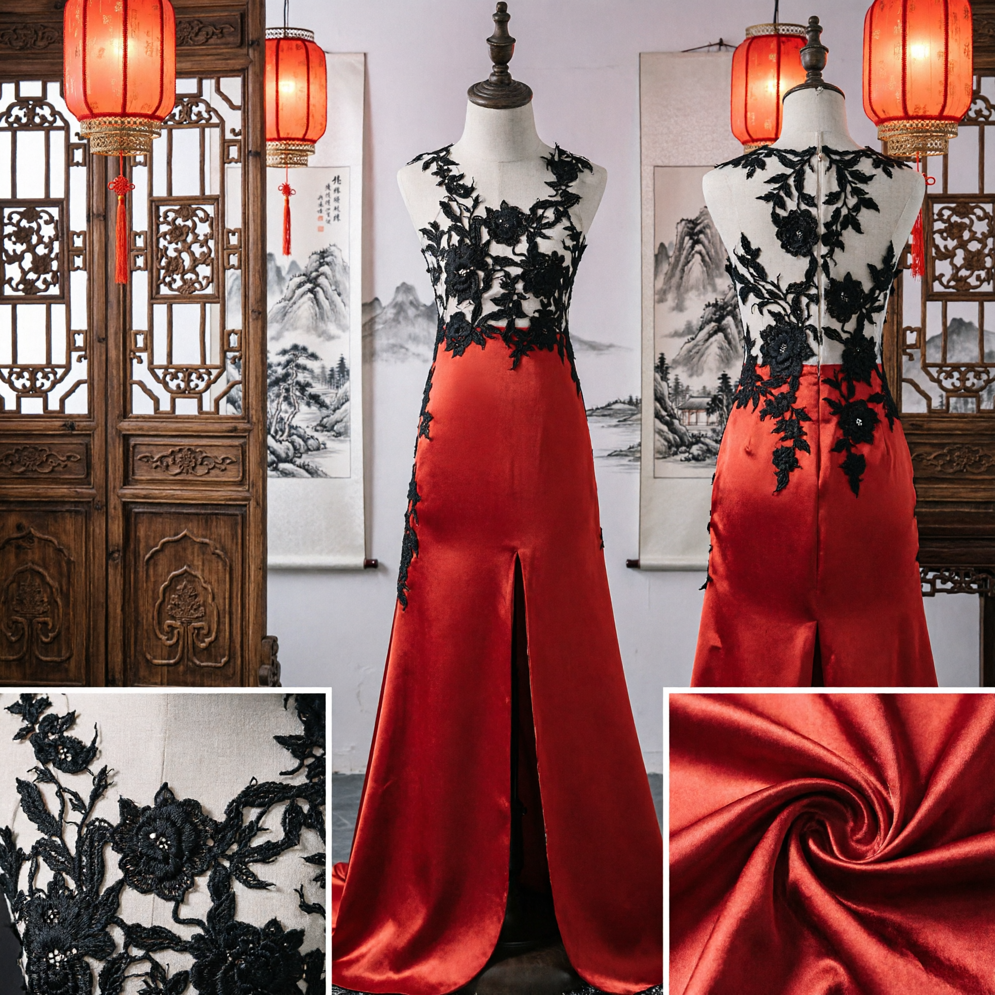 Vestido de Noite de Cetim Vermelho para Mulheres com Corpete de Renda Floral Preta para Performance Formal no Palco - Asian Costume