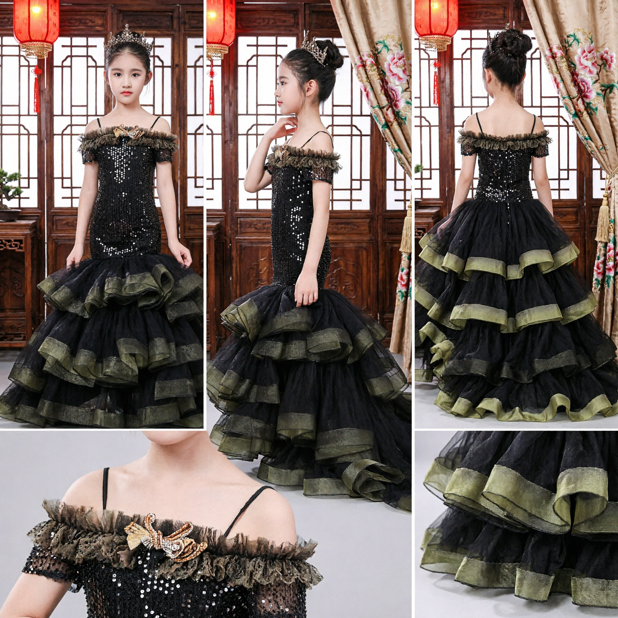 Robe de concours sirène à paillettes noires pour filles, décolleté asymétrique garni de plumes et jupe en tulle superposée - Asian Costume