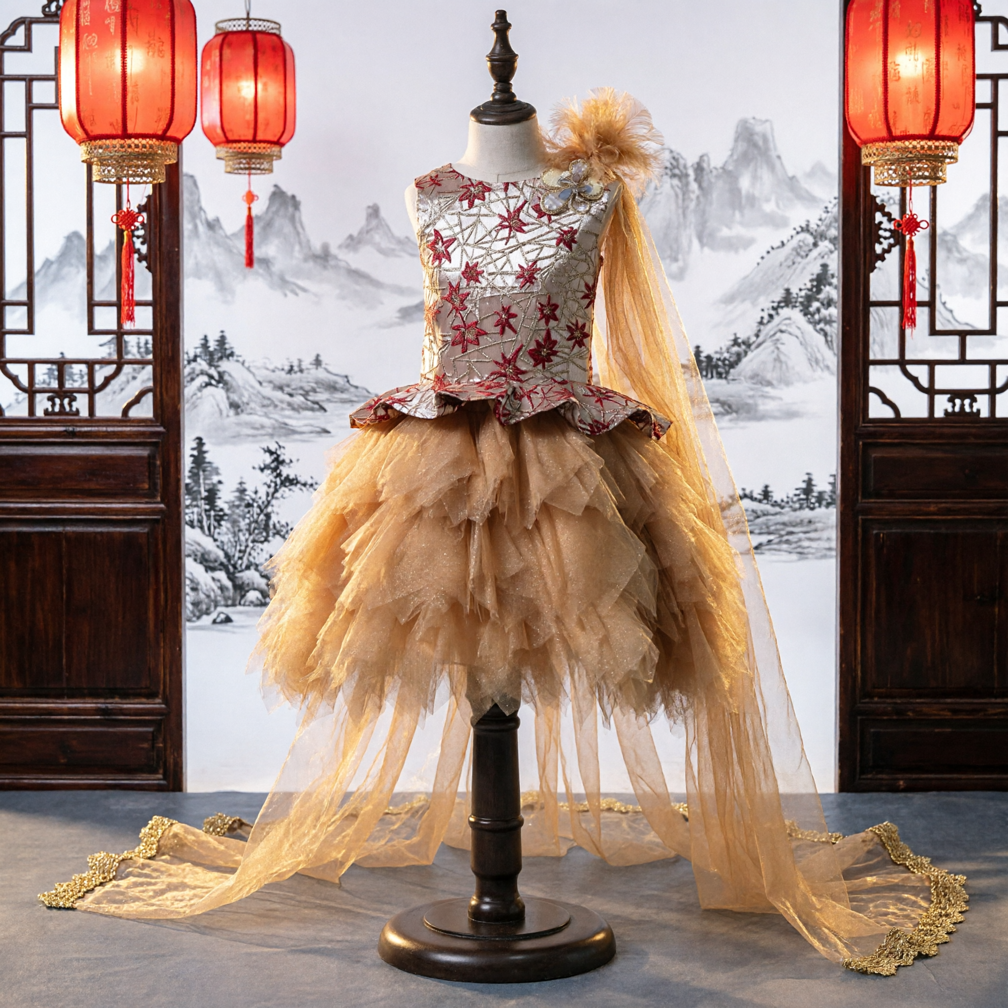 Fantasia de Dança de Palco Tradicional Chinesa Dourada para Meninas, Top com Peplum Bordado e Saia de Tule em Camadas para Performance - Asian Costume