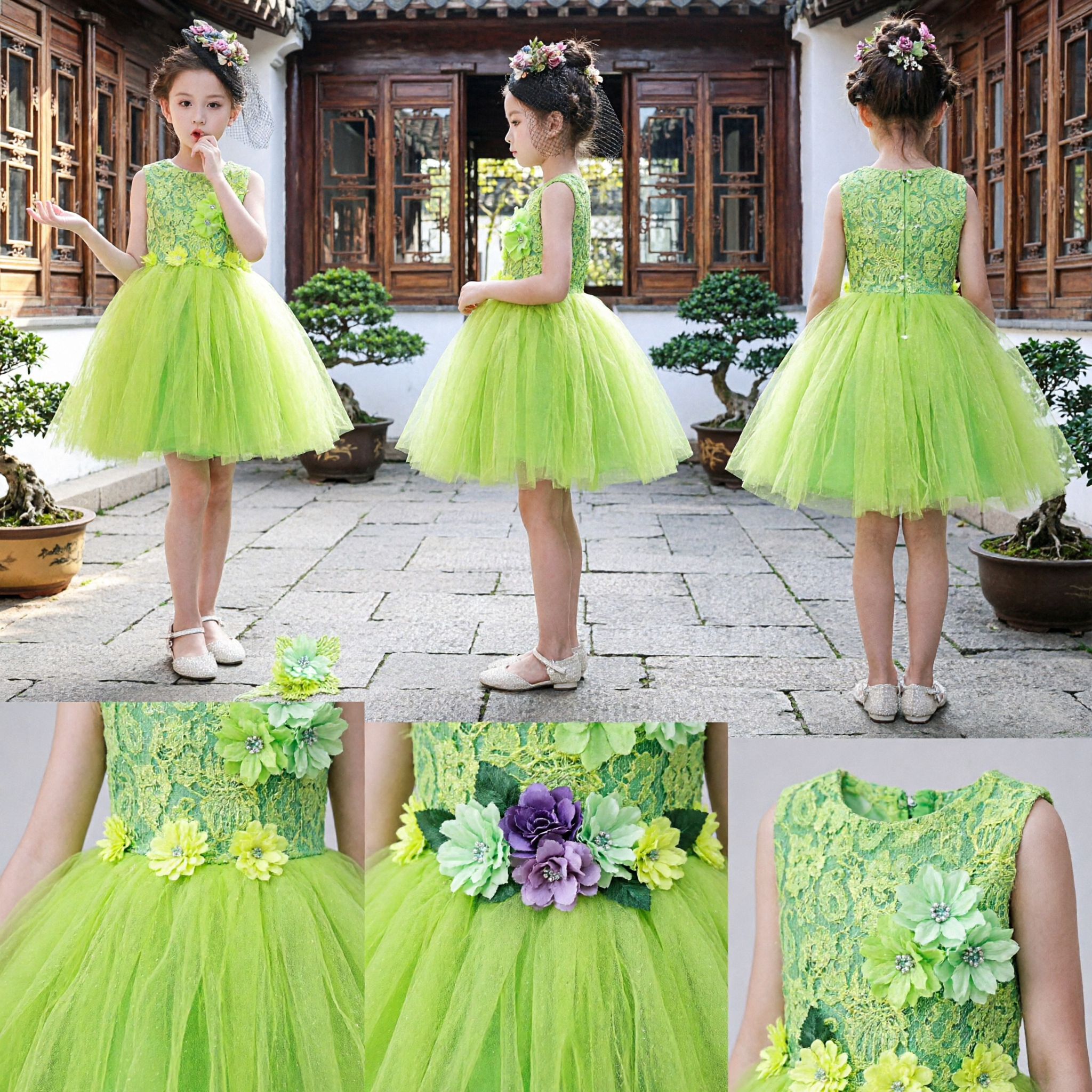 Robe de bal en tulle vert citron avec bustier en dentelle pour filles, pour mariages, fêtes et spectacles - Asian Costume
