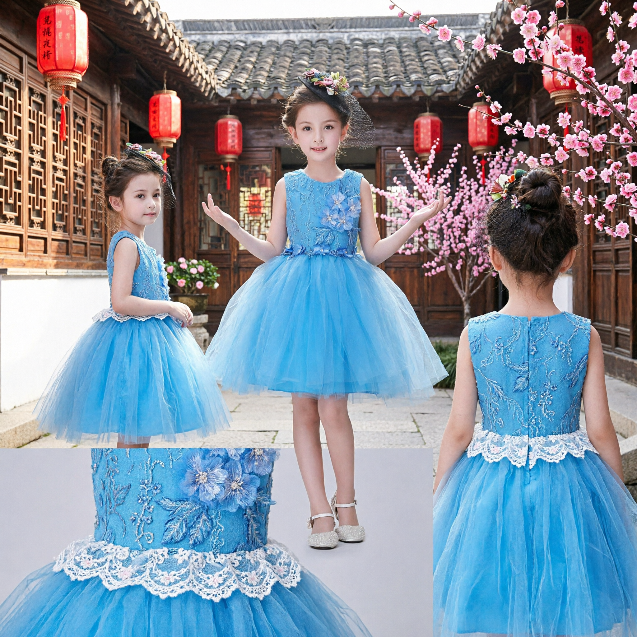 Vestito da Principessa in Tulle Blu con Pizzo e Applicazioni Floreali per Bambine per Matrimoni, Feste e Performance - Asian Costume