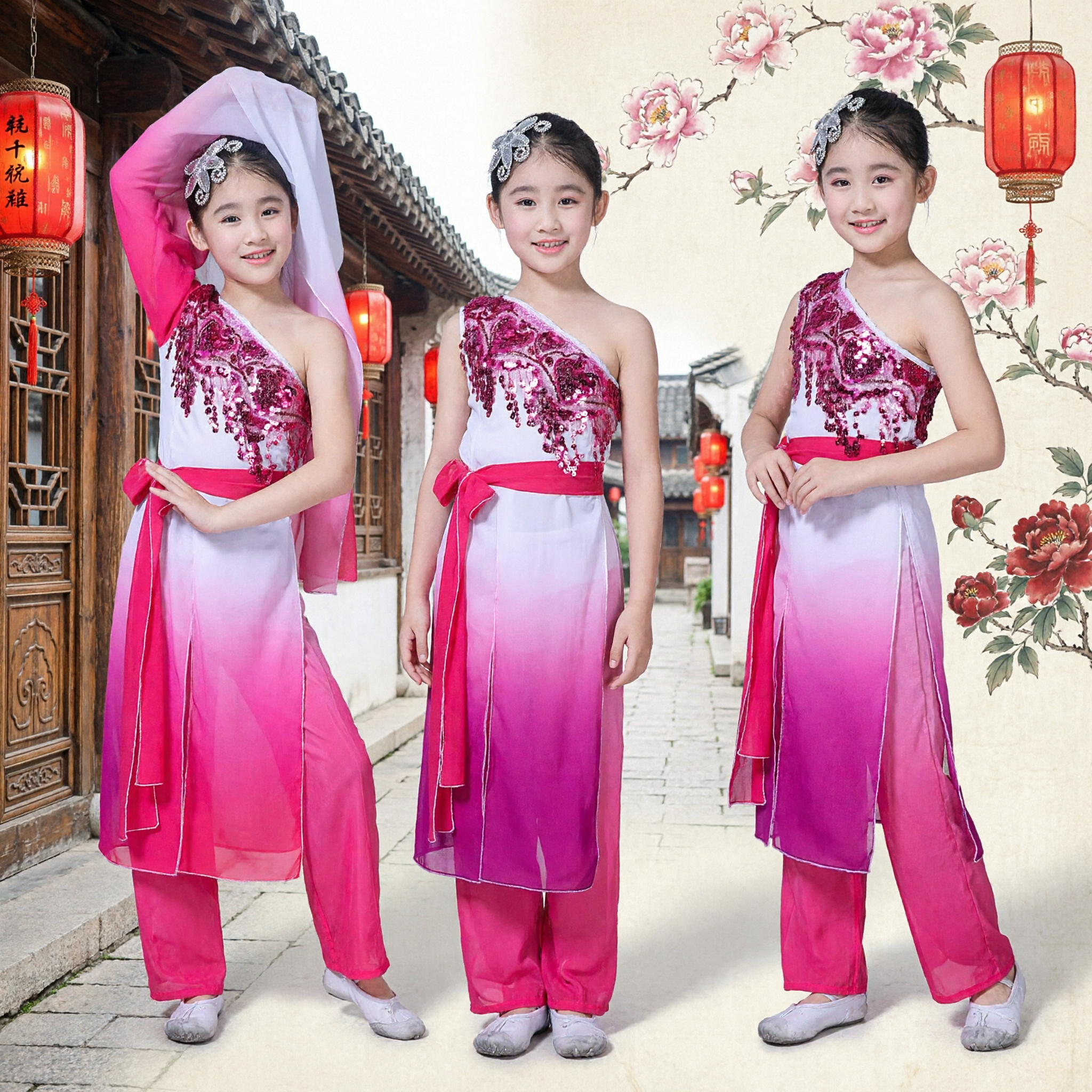 Traje de Dança Tradicional Chinesa para Meninas Crianças Rosa Yangge Leque Fita de Seda Traje para Performance no Palco - Asian Costume
