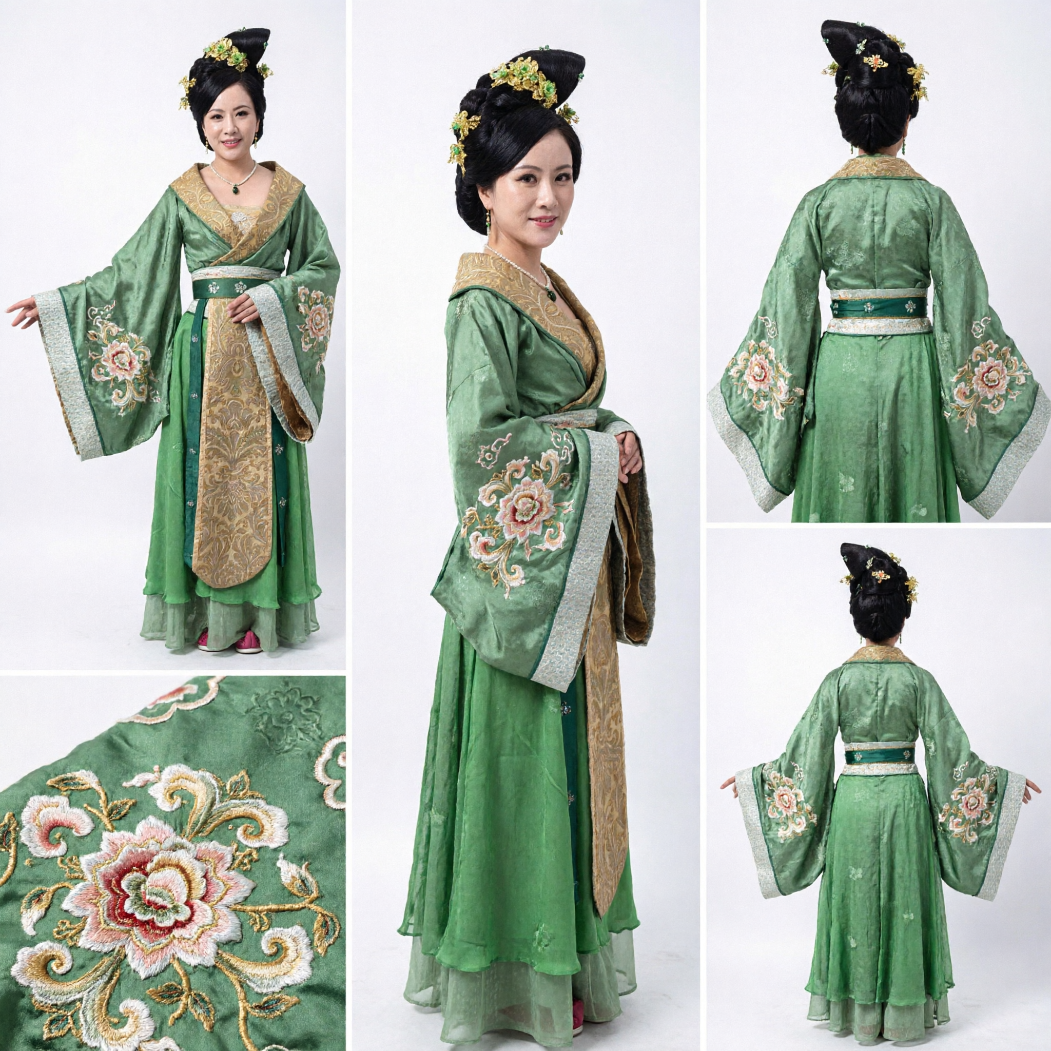 Costume de dame du palais Hanfu vert de la dynastie Tang ancienne chinoise avec broderie dorée pour cosplay - Asian Costume